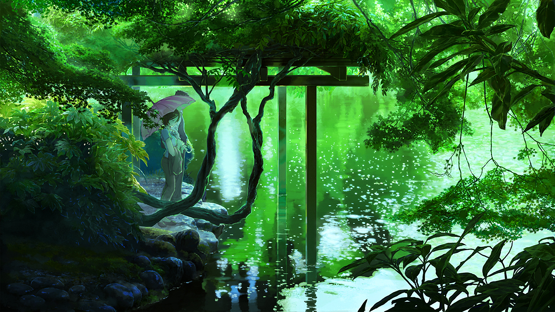 Couple near the river, anime Garden of Words Desktop wallpaper 1680x1050