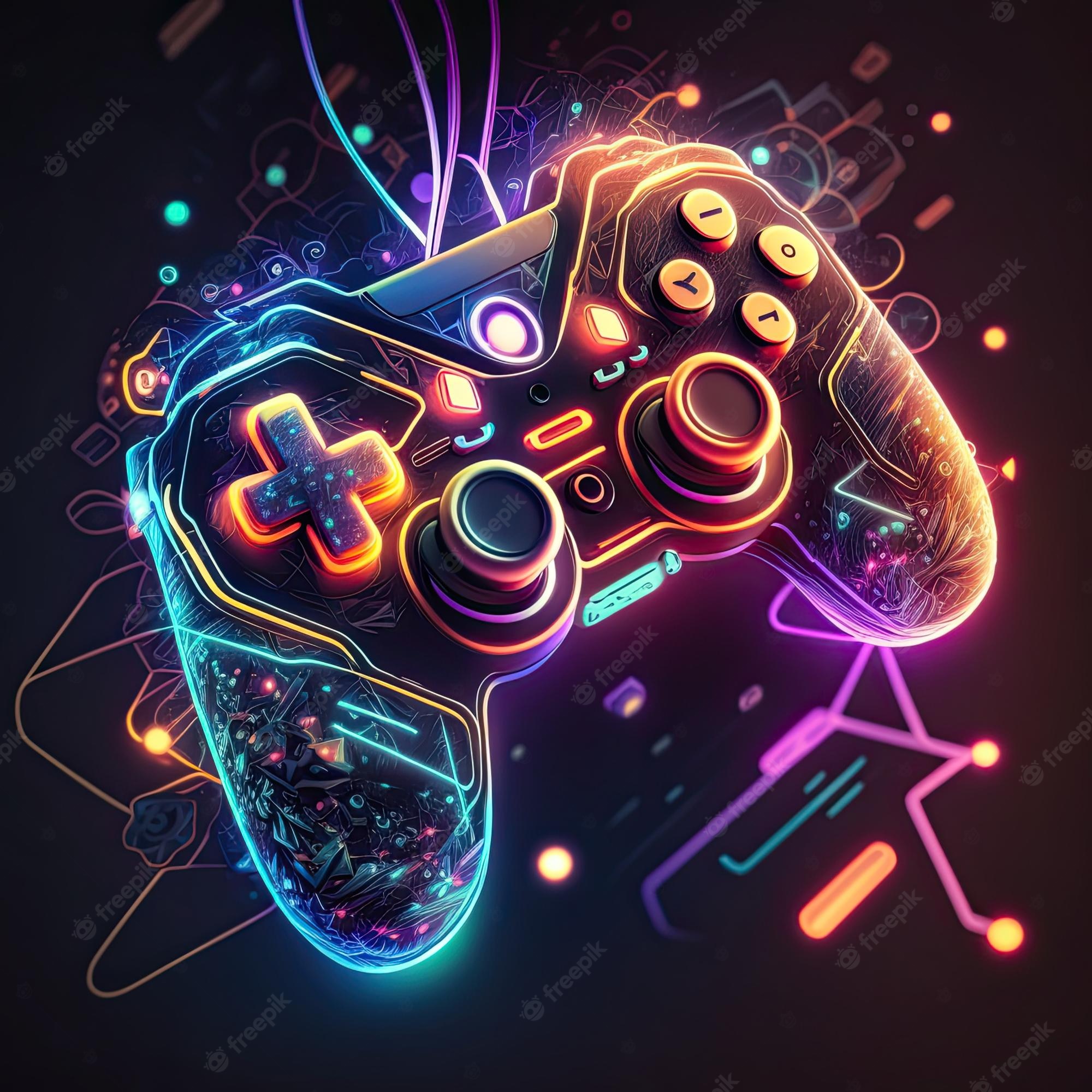 Premium Photo. Abstract neon light game controller artwork design digital art wallpaper glowing space background