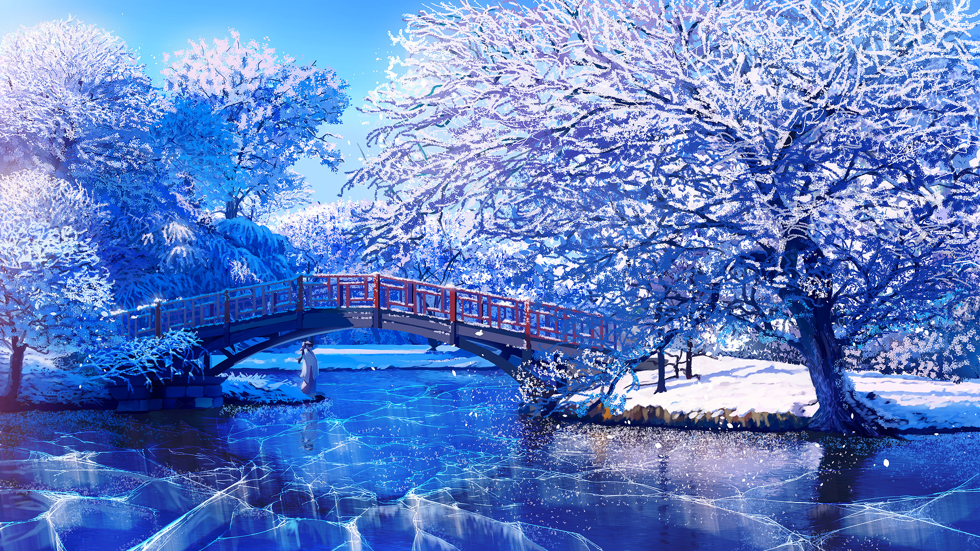 HD desktop wallpaper: Anime, Winter, Ice, Snow, Tree, Bridge, River download free picture