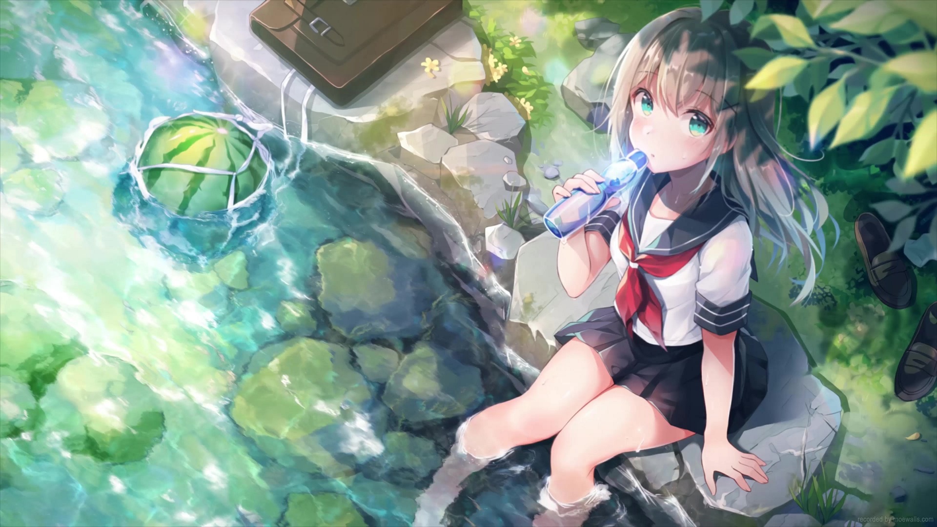 Anime School Girl Drinking Water Relaxing By The River Live Wallpaper