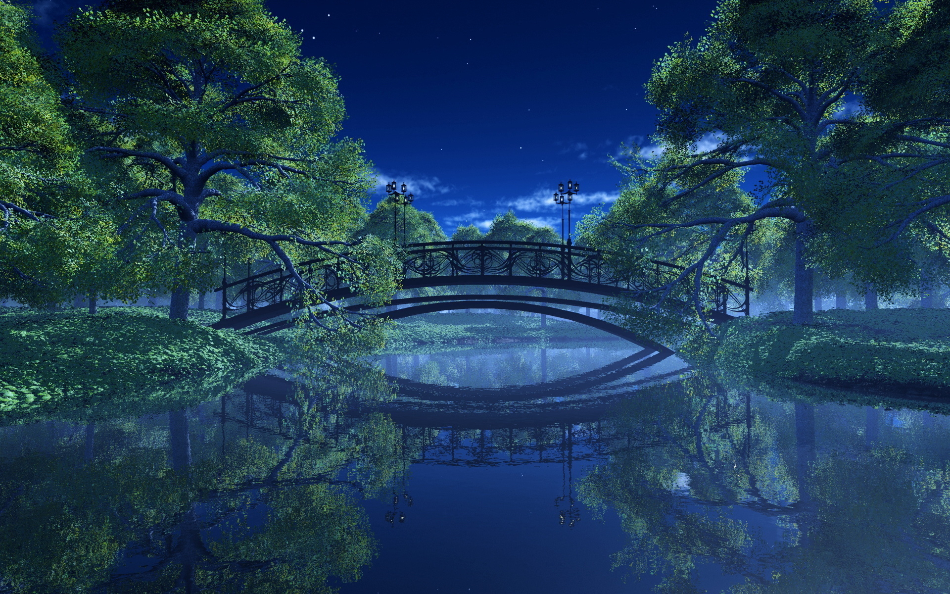WallpaperD wallpaper. photo. picture. Park, river, trees, landscape, night
