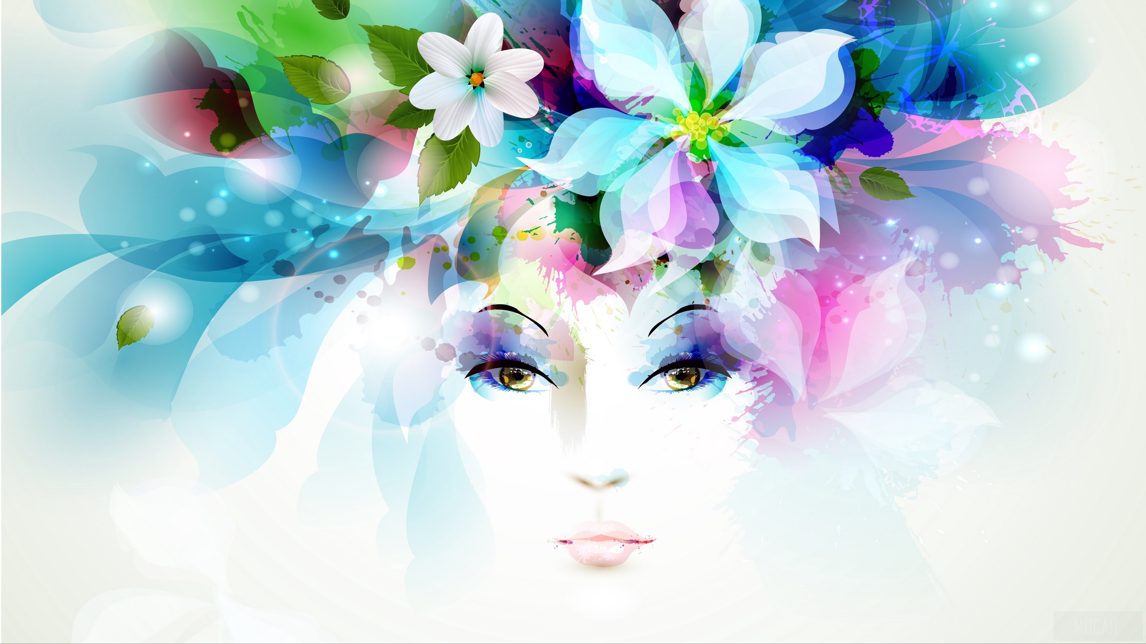art, girl, eyes, flowers, petals, butterfly, leaves, spray 4k Gallery HD Wallpaper