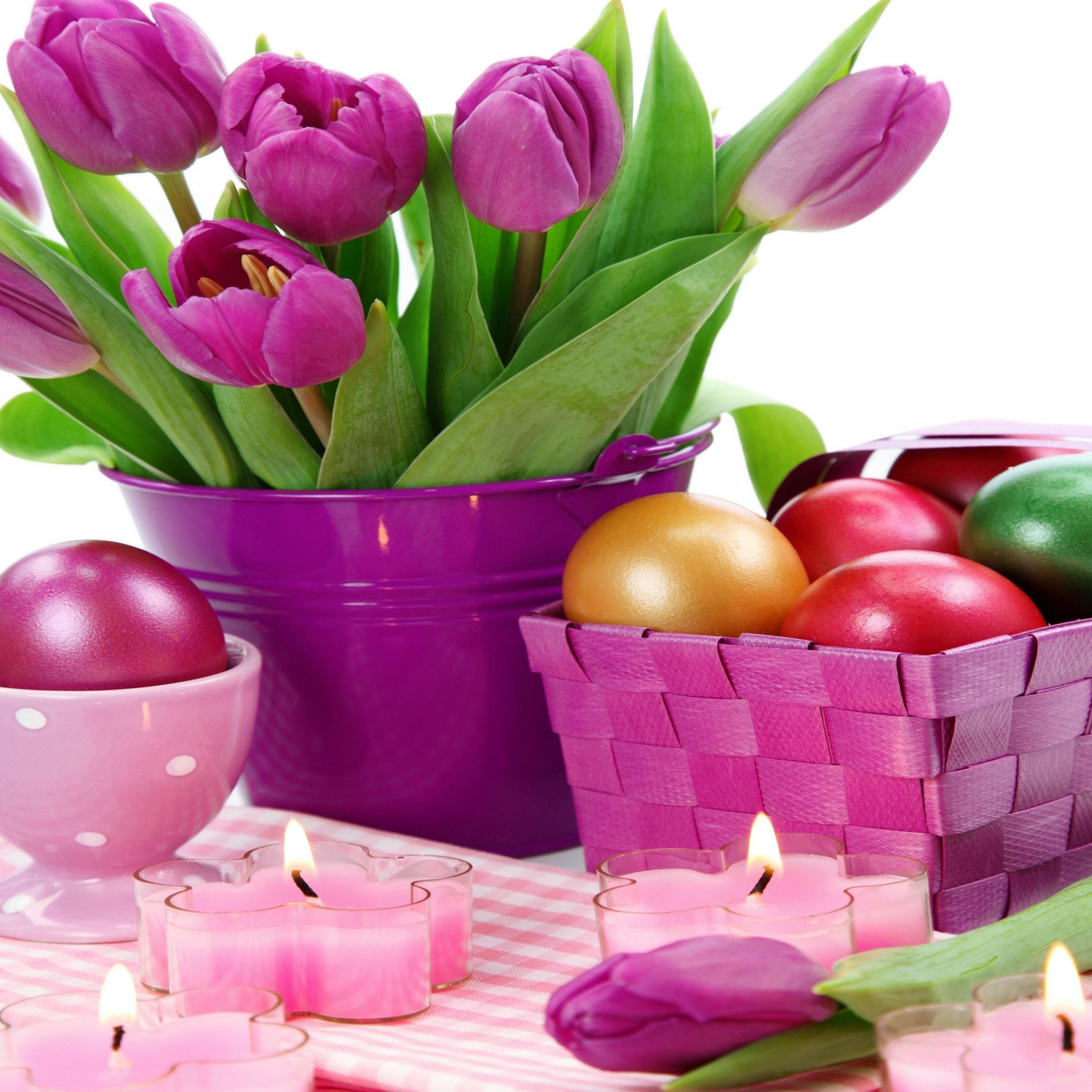 Easter holiday eggs tulips candles basket iPad Pro Wallpaper Free Download