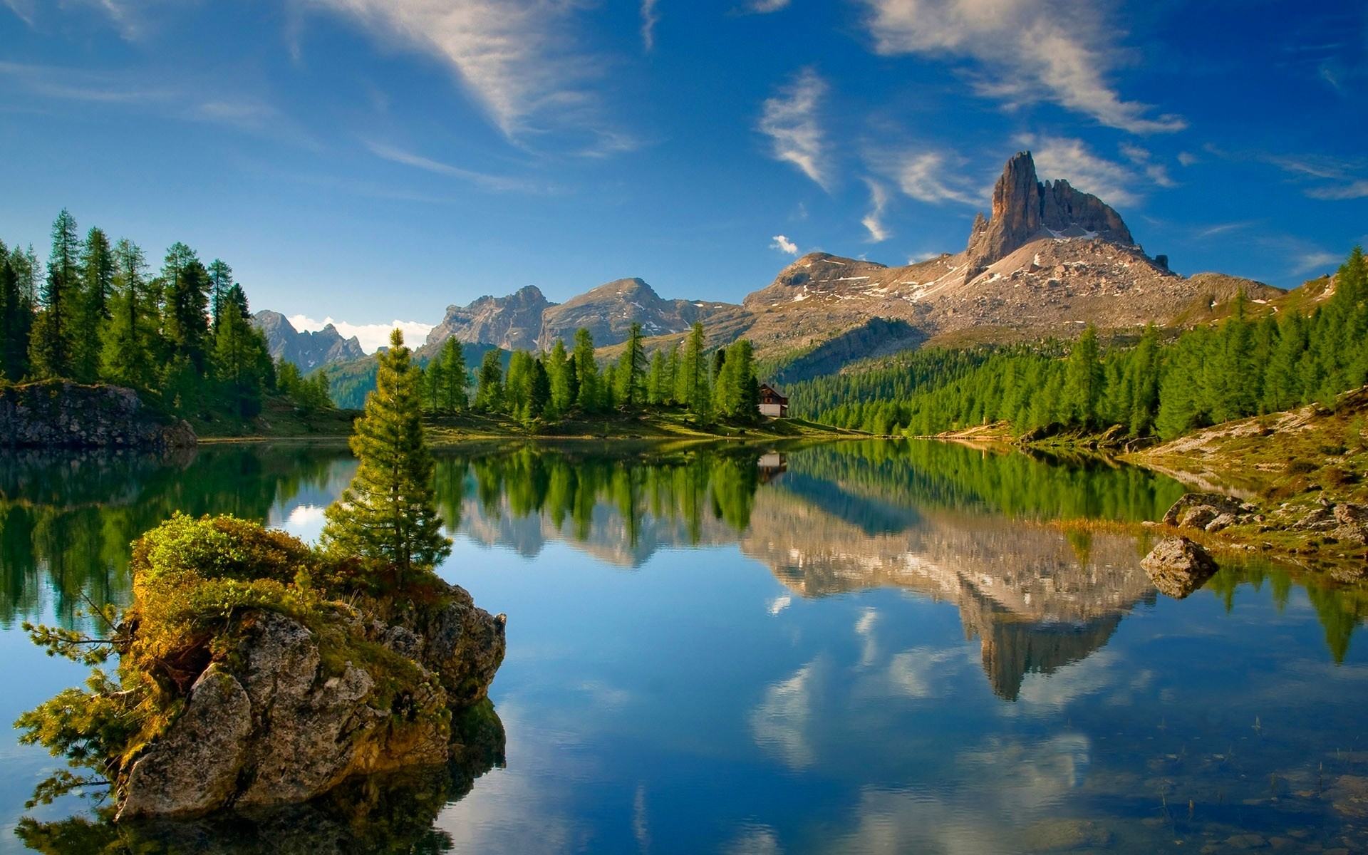 lake dolomites mountains forest mountains reflection alps summer trees cabin nature landscape sky Gallery HD Wallpaper