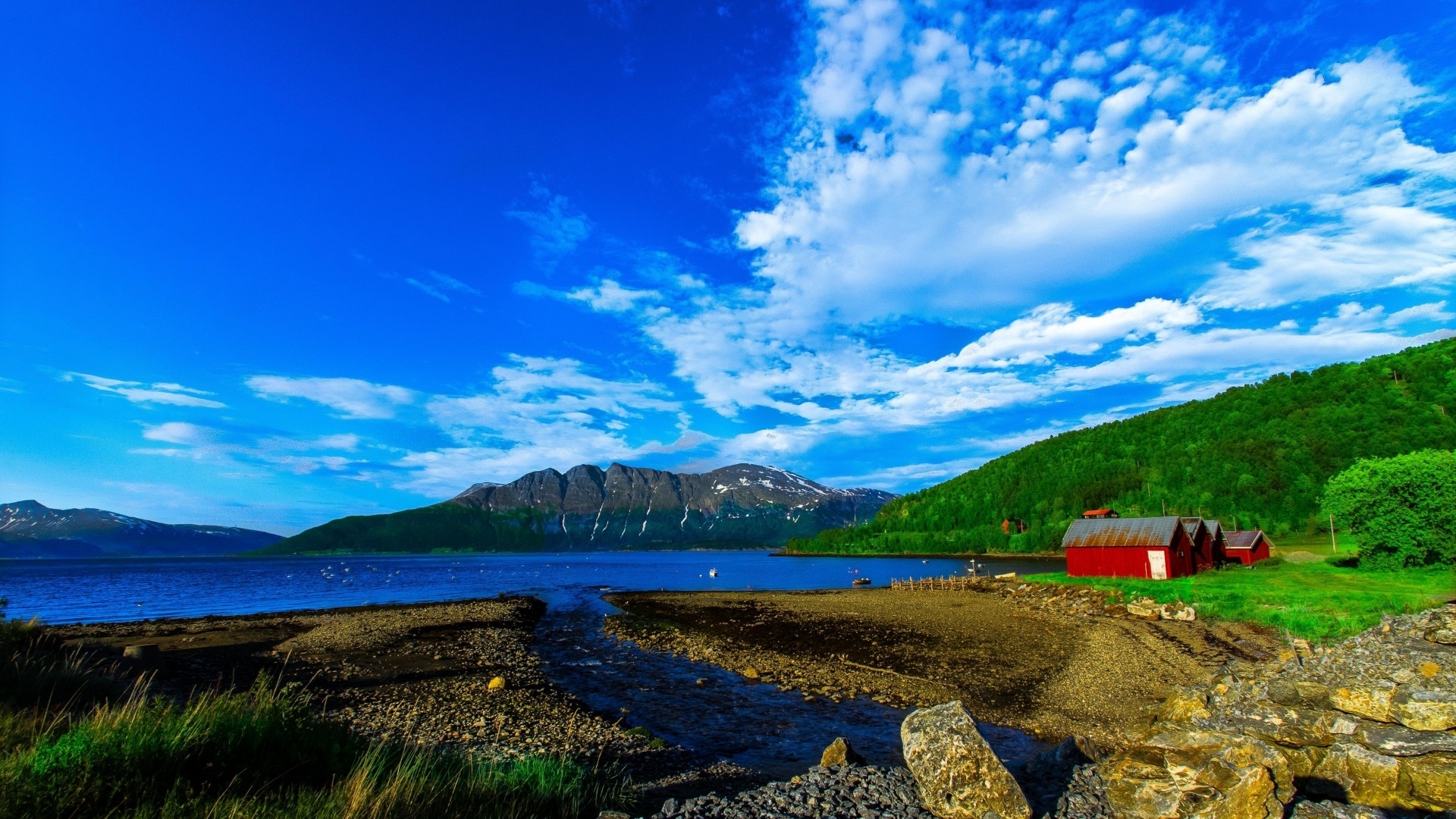 clear, cottage, summer, nature, cabin, clouds, lakeshore, lake Gallery HD Wallpaper