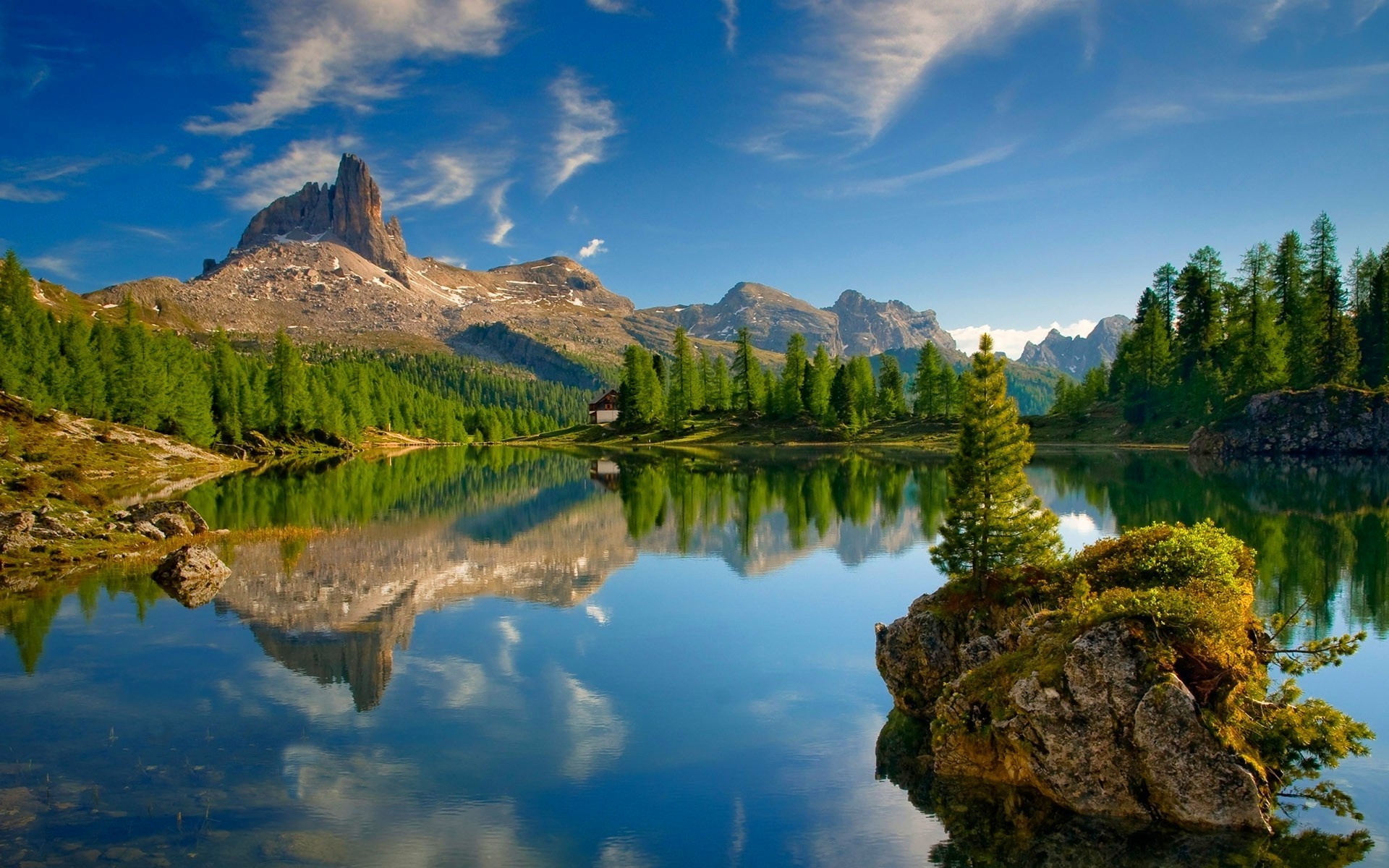 lake dolomites mountains forest mountains reflection alps summer trees cabin nature landscape sky wallpaper