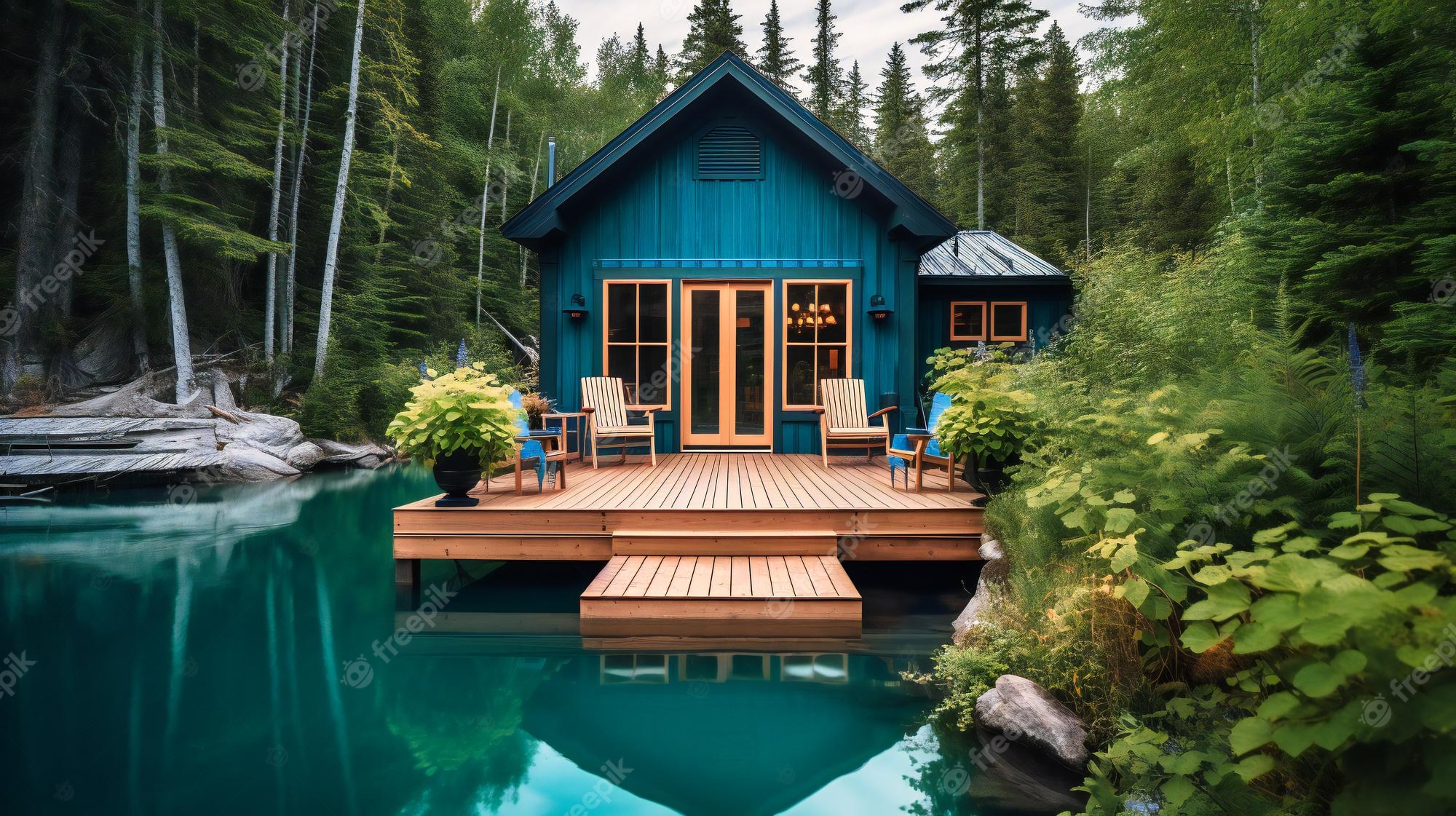 Premium Photo. A striking image of a stylish lakeside cabin with a private dock and modern amenities providing the ultimate highend summer experience