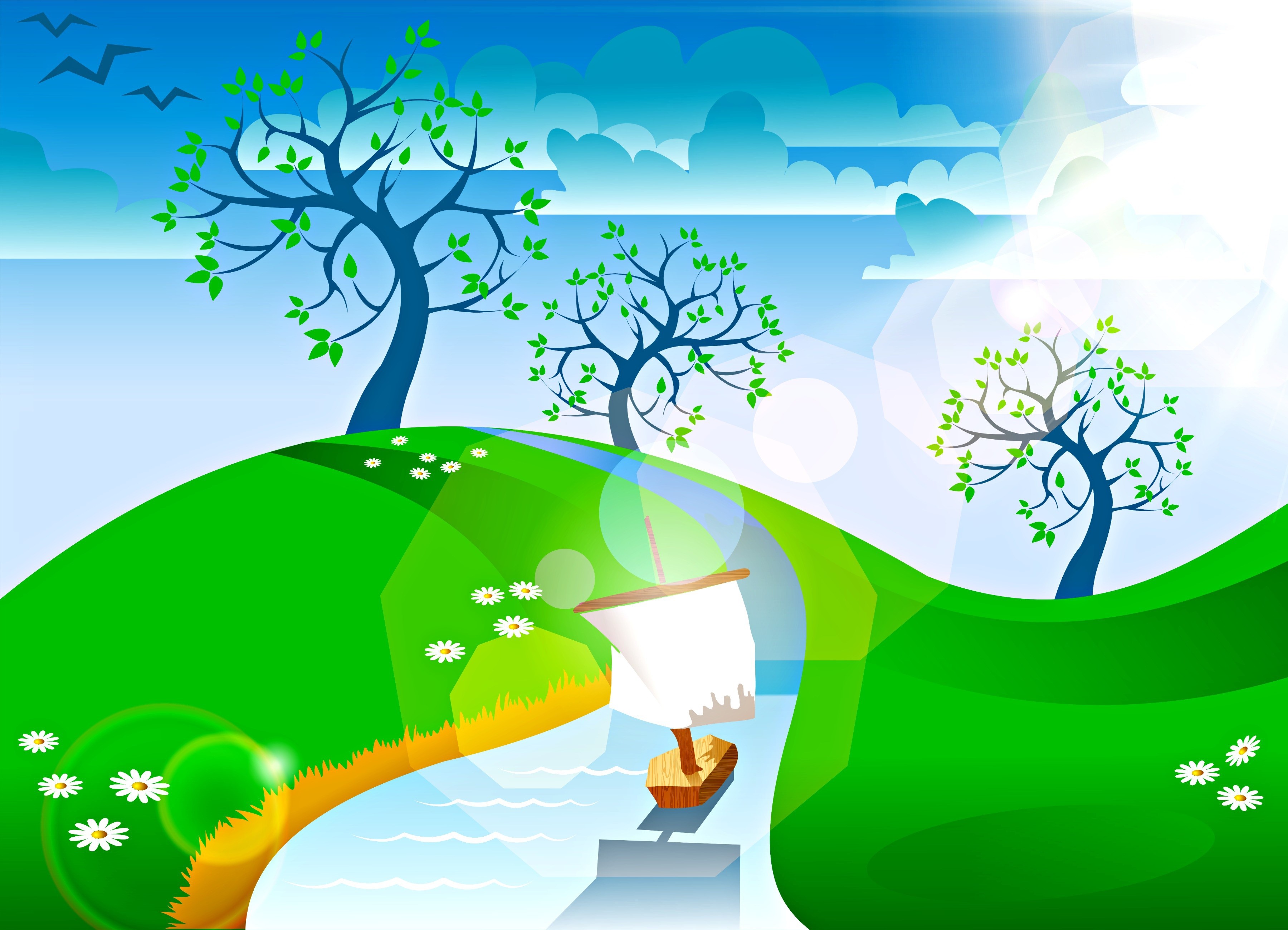 Sky, Summer, Vector Graphics, Trees, Stream, Clouds Gallery HD Wallpaper