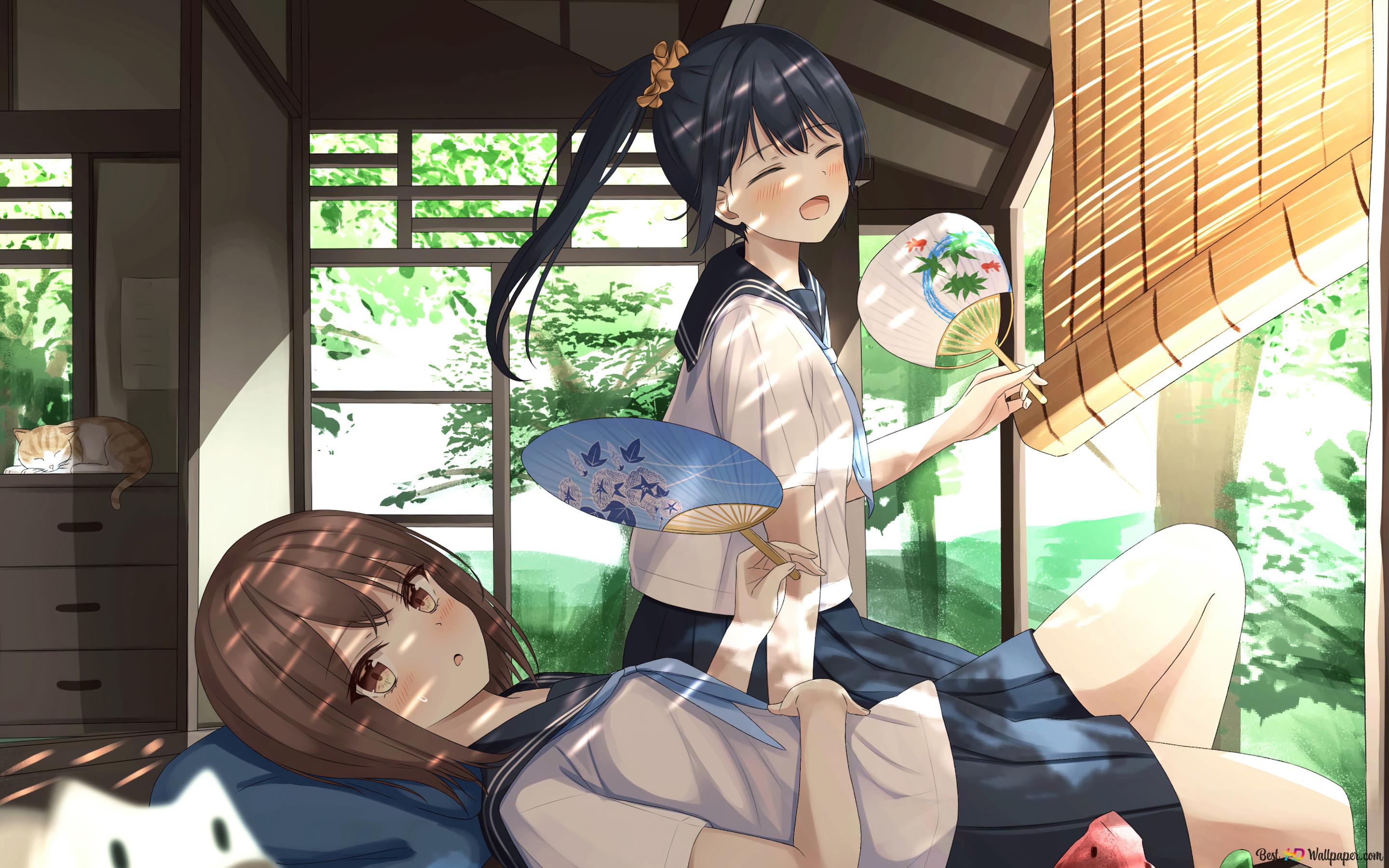 Anime School Girl Summer Heat 4K wallpaper download