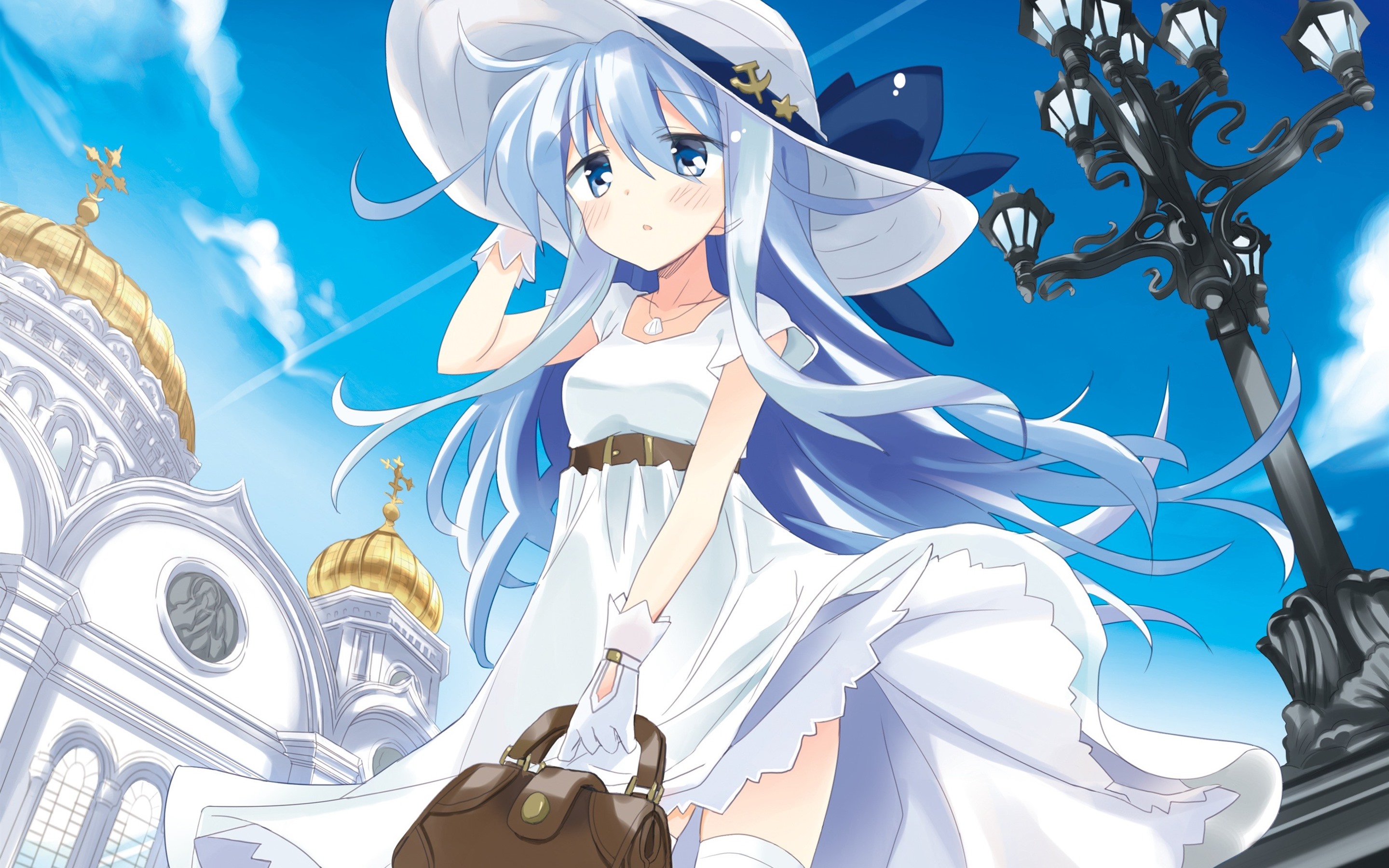 Wallpaper Anime girl, white skirt, hat, wind, summer 2880x1800 HD Picture, Image