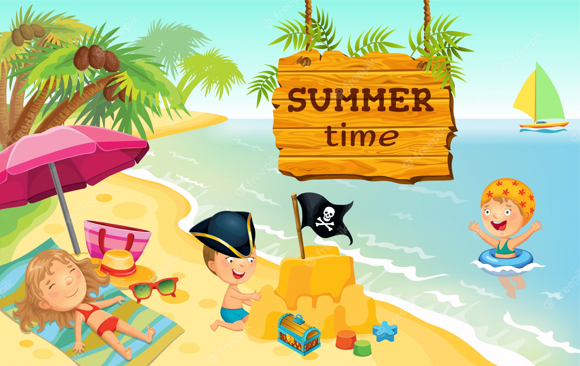 Free Vector. Cartoon children playing on the beach illustration