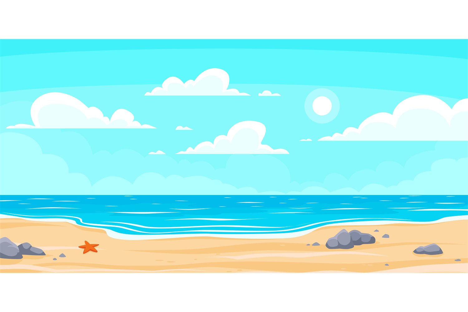 Cartoon summer beach. Paradise nature vacation, ocean or sea