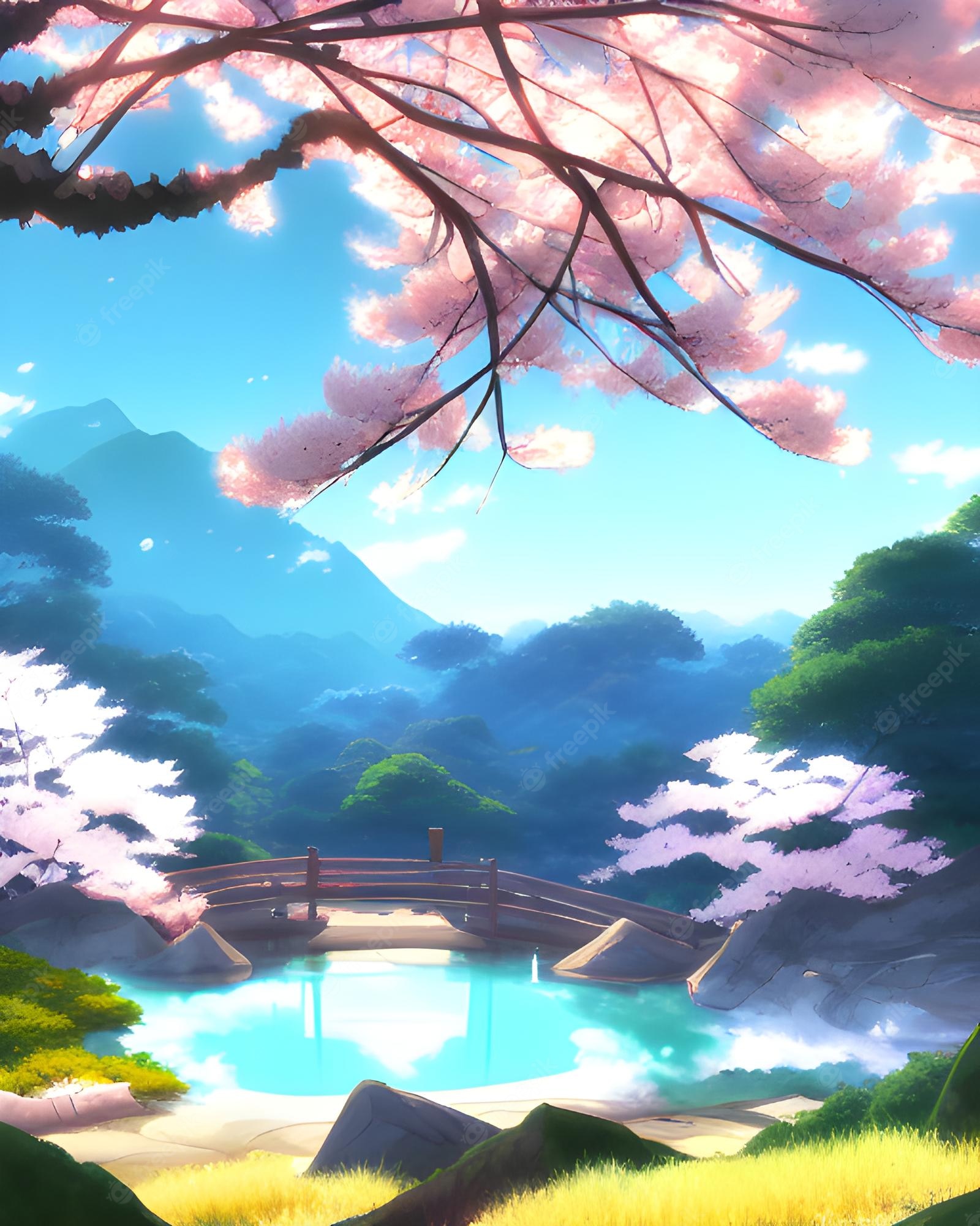 Premium Photo. A natural mountain hot spring, colorful anime movie background, cherry blossom tree