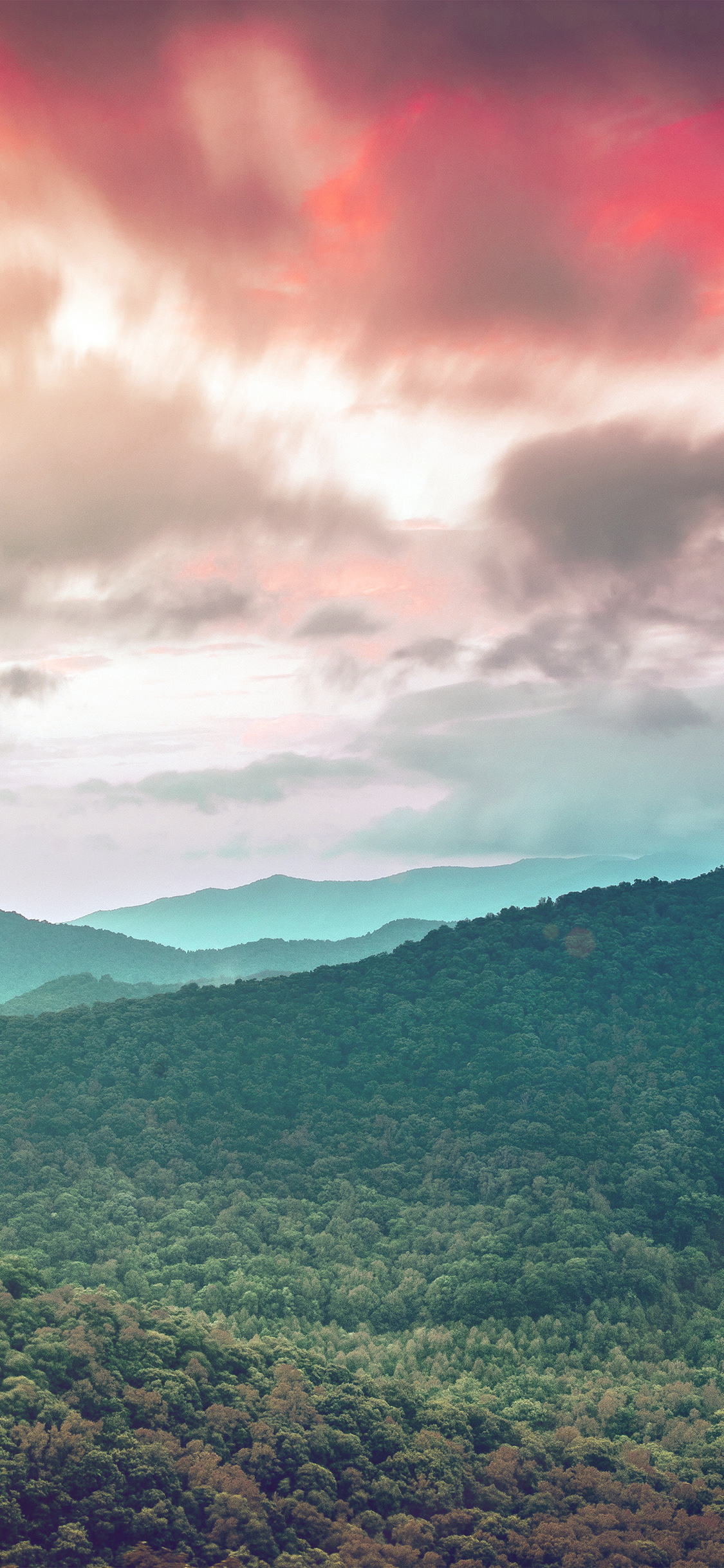 iPhone X wallpaper. mountain morning forest green sky cloud red flare