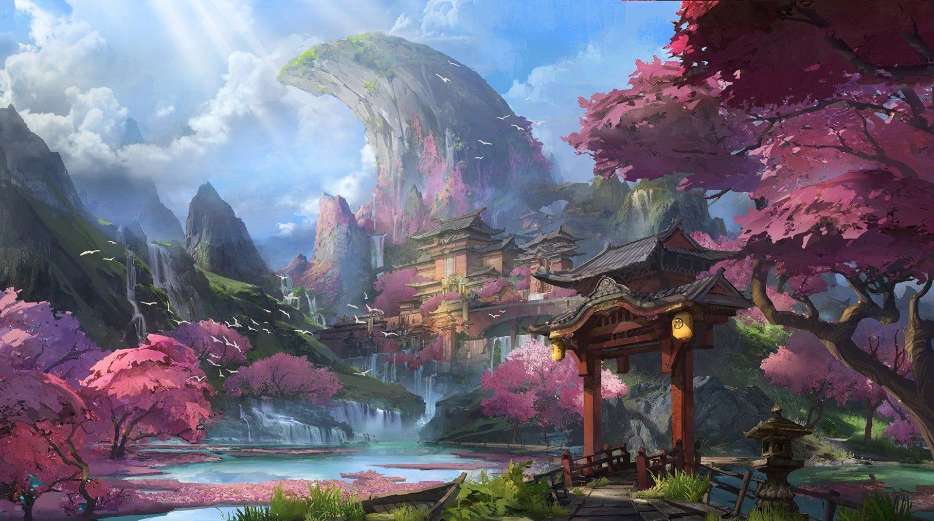 artwork fantasy art Chinese architecture #mountains cherry blossom #river P #wa. Fondos de pantalla paisajes, Paisaje de fantasía, Arte de fantasía concepto
