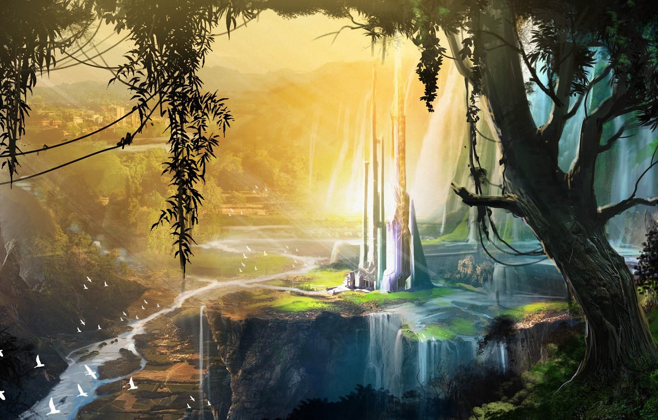 Wallpaper trees, birds, river, open, view, tower, waterfall, valley, art, fantasy world, Pesa image for desktop, section живопись