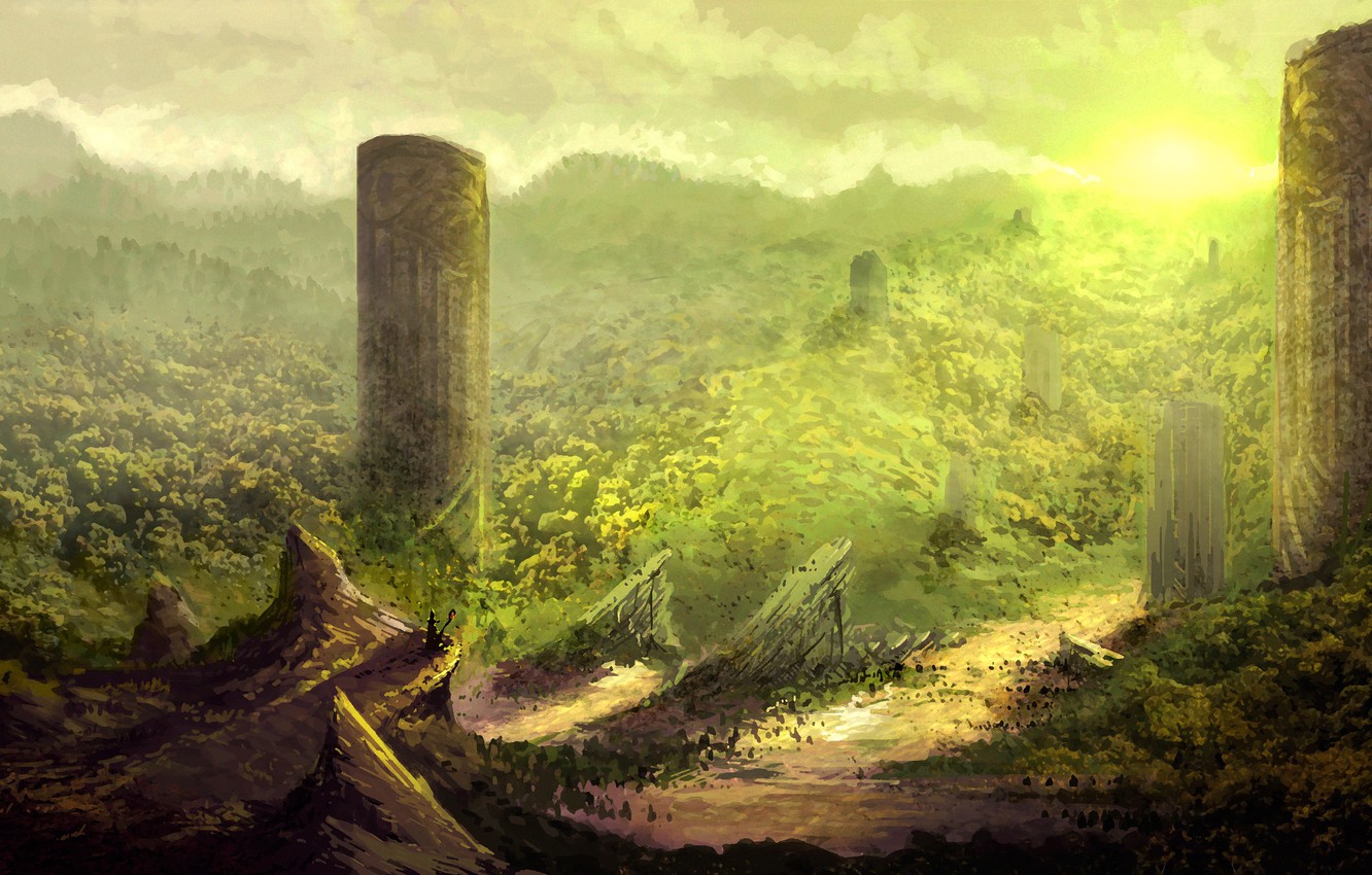 Wallpaper mountains, hills, art, columns, ruins, fantasy world image for desktop, section фантастика