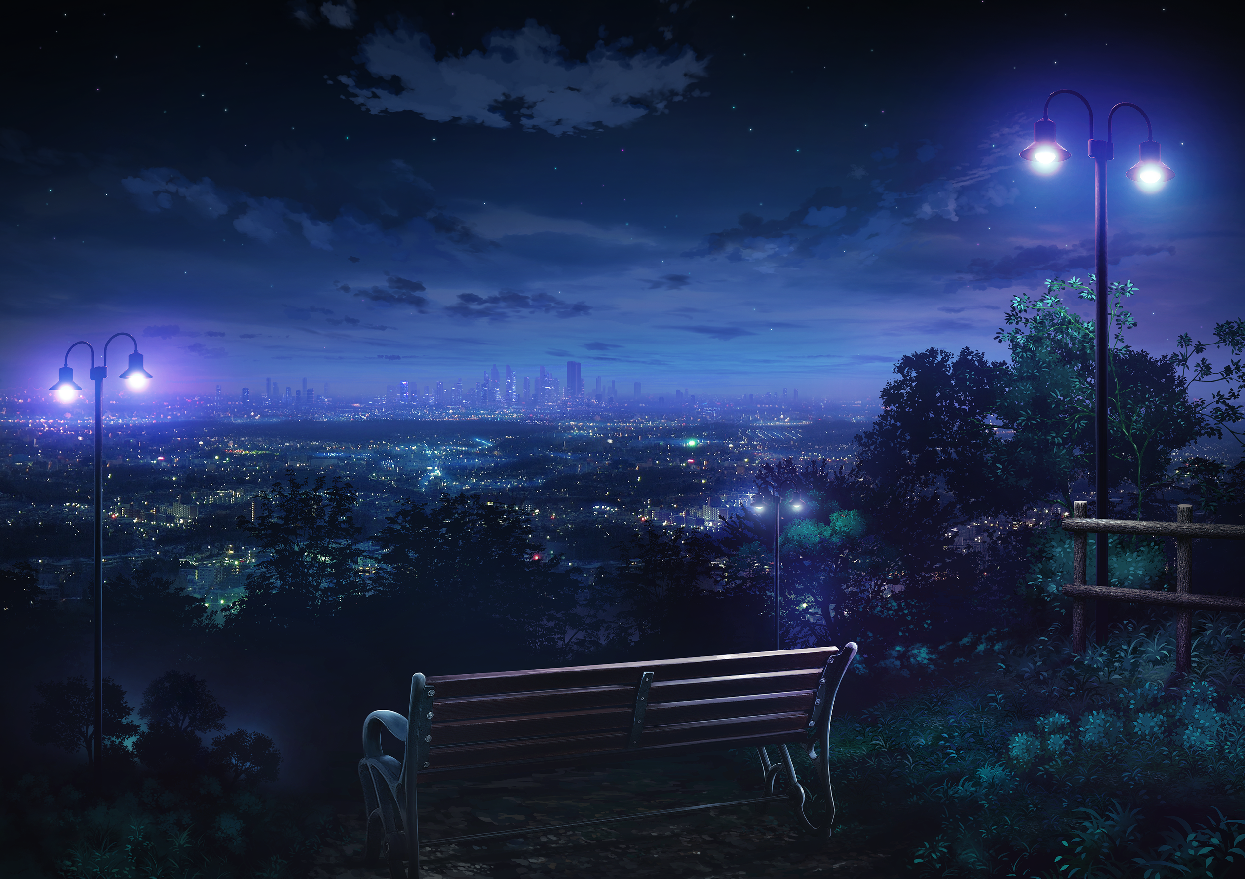 cityscape, lantern, anime, night, landscape, skyline, bench, park, hills, city lights Gallery HD Wallpaper
