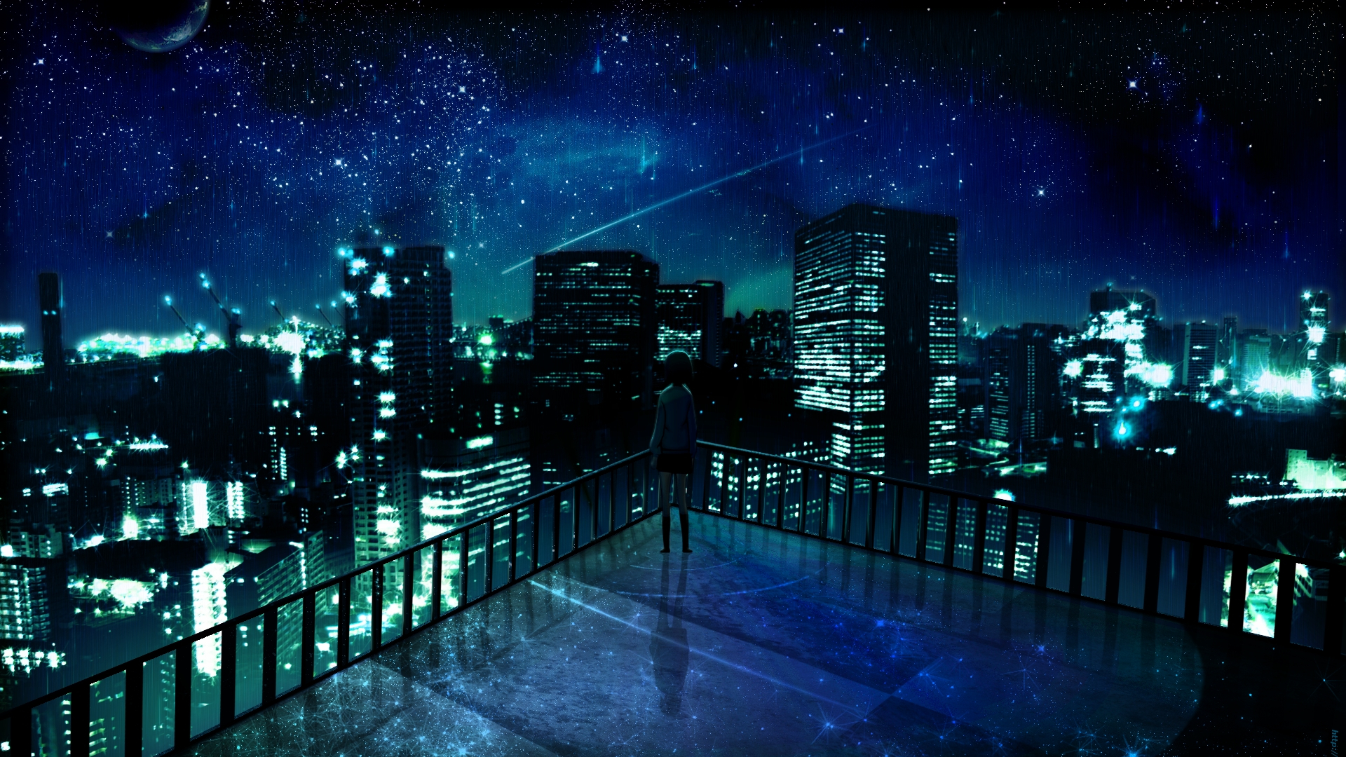 Wallpaper, anime, starry night, city lights, building, shooting stars 1920x1080