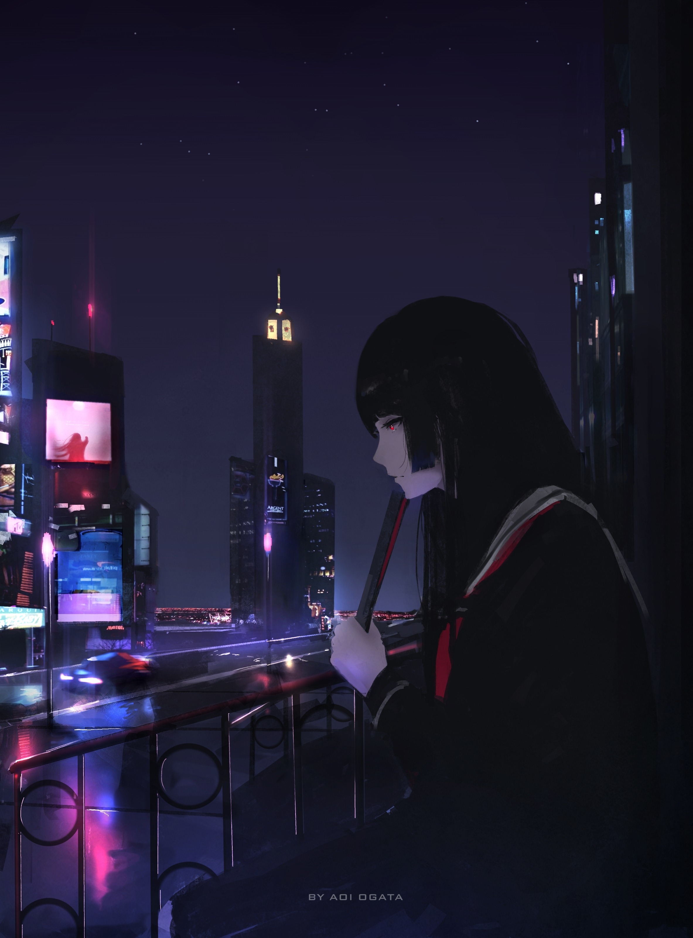 Wallpaper, city, lights, anime girls 2366x3200