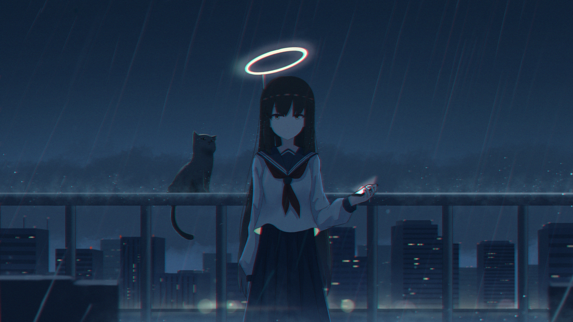 anime, anime girls, nimbus, rain, cats, city, city lights, smartphonex1080 Wallpaper