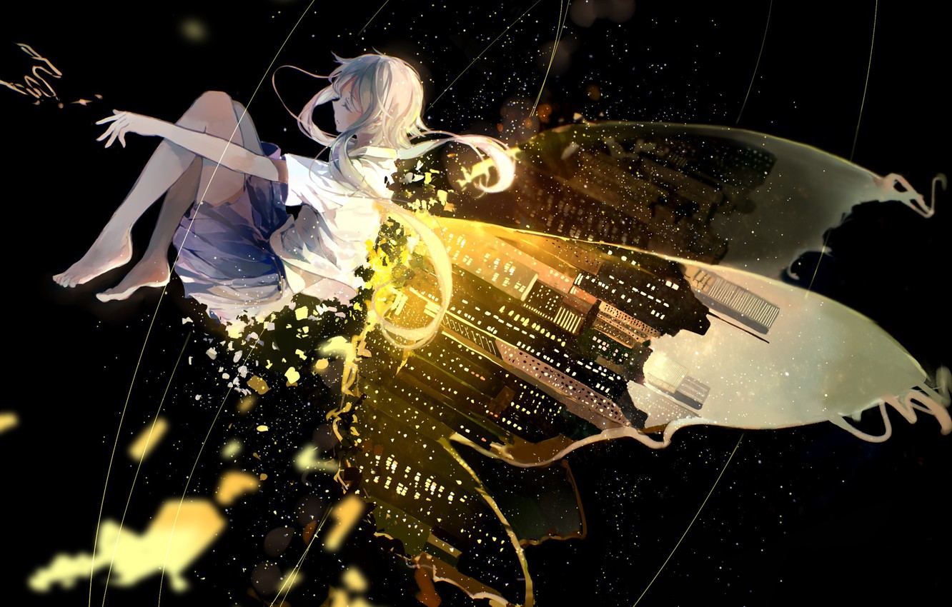 Wallpaper the sky, girl, night, the city, lights, height, wings, anime, art, vocaloid, luo tianyi, bou shaku image for desktop, section сёдзё