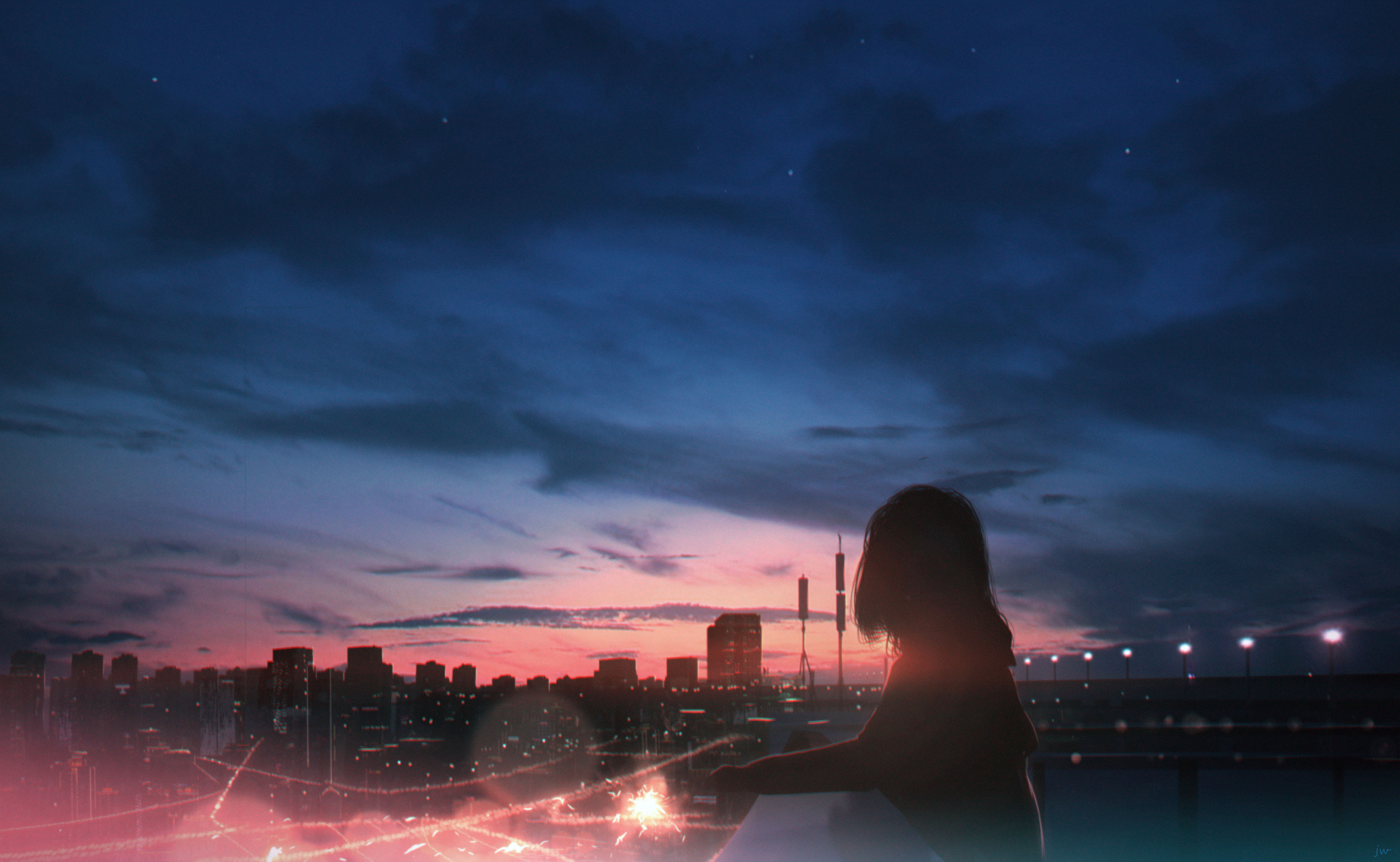 Anime Anime Girls Sky Clouds City Lights Sunset Long Hair Sparkles Looking Away HuashiJW Wallpaper:4872x3000