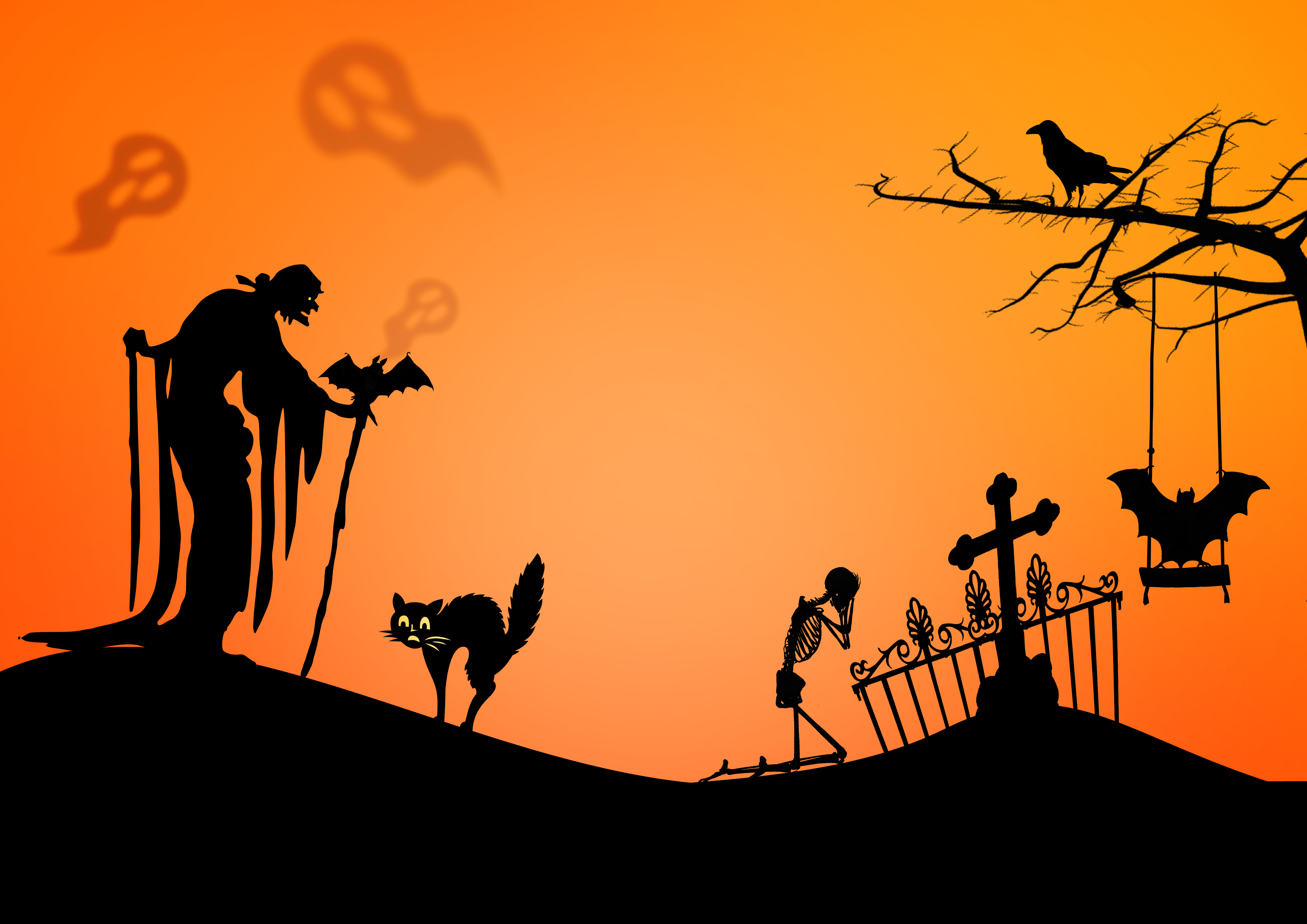 Free Image, halloween, witch, ghosts, cat, skeleton, rabe, bat, grave, silhouettes, orange, black, shine, swing, mystic, funny, gothic, background, creepy, scene, greeting card, darkness, fantasy, backdrop, silhouette, sky, art, camel like
