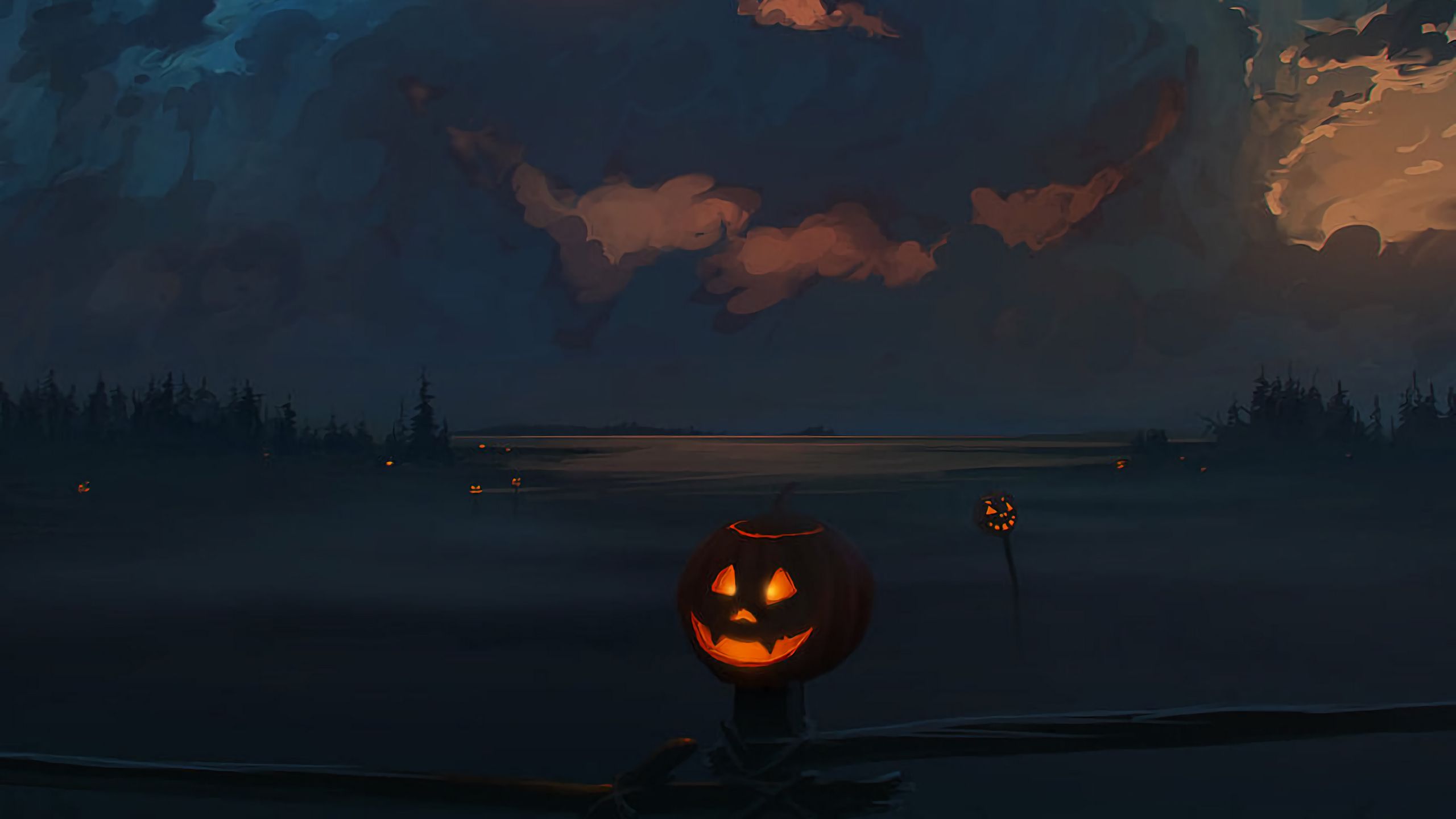 Download wallpaper 2560x1440 jack o lantern, pumpkin, halloween, art, clouds widescreen 16:9 HD background