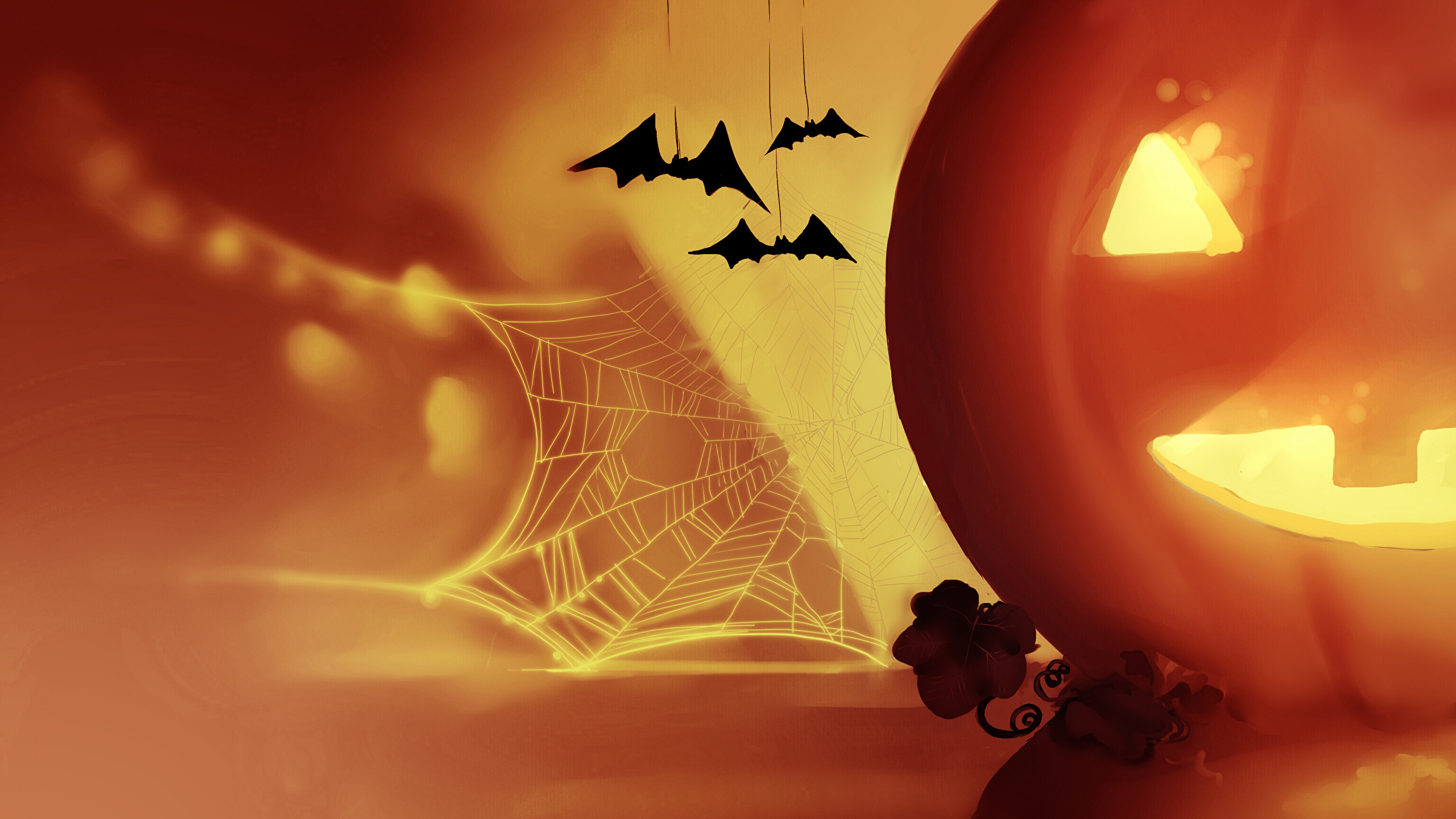Wallpaper Bats Spider web Fantasy Pumpkin Halloween 2560x1440