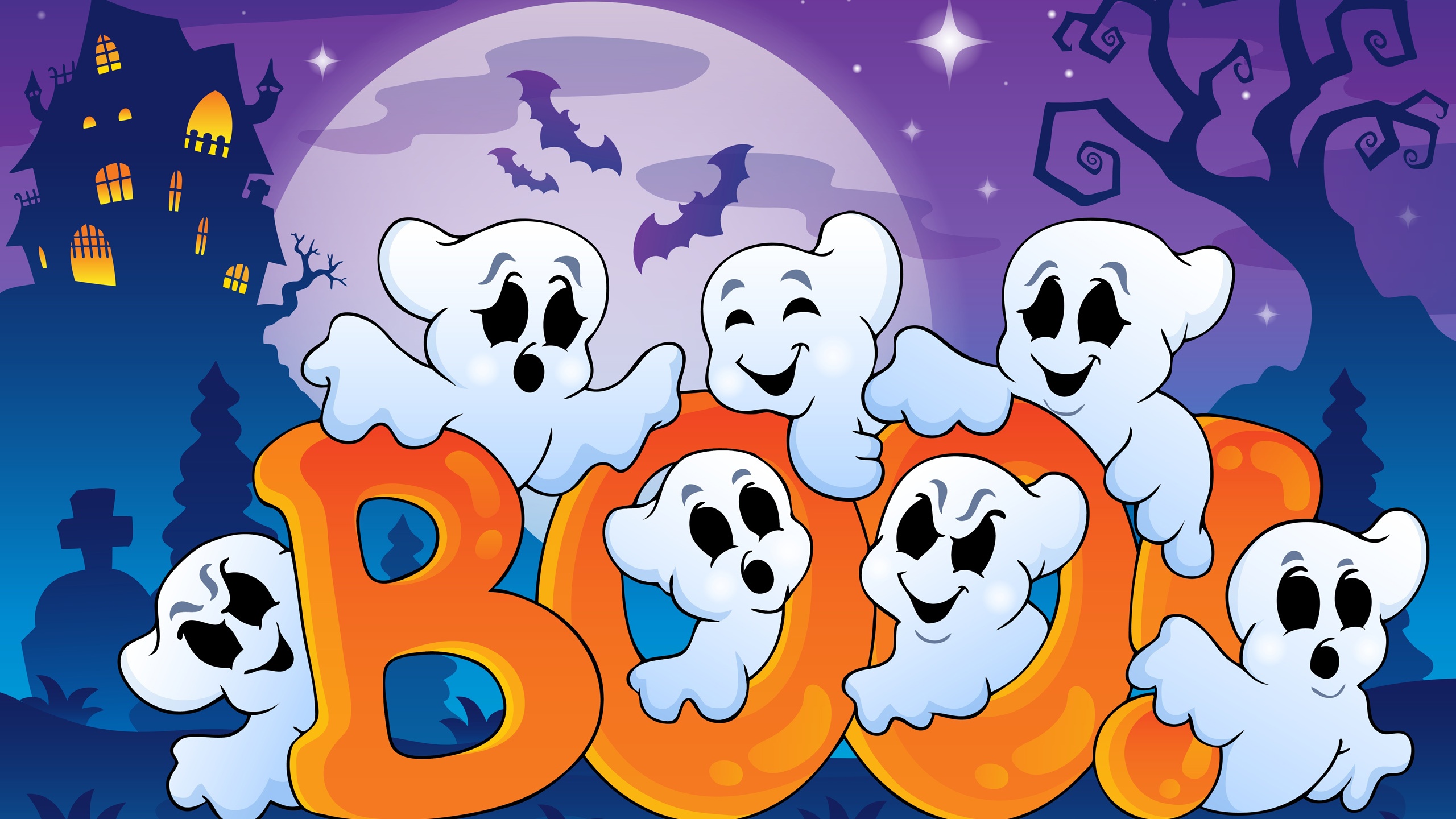 Wallpaper Halloween, funny ghosts, creepy house, full moon, vector graphics 2560x1600 HD Picture, Image