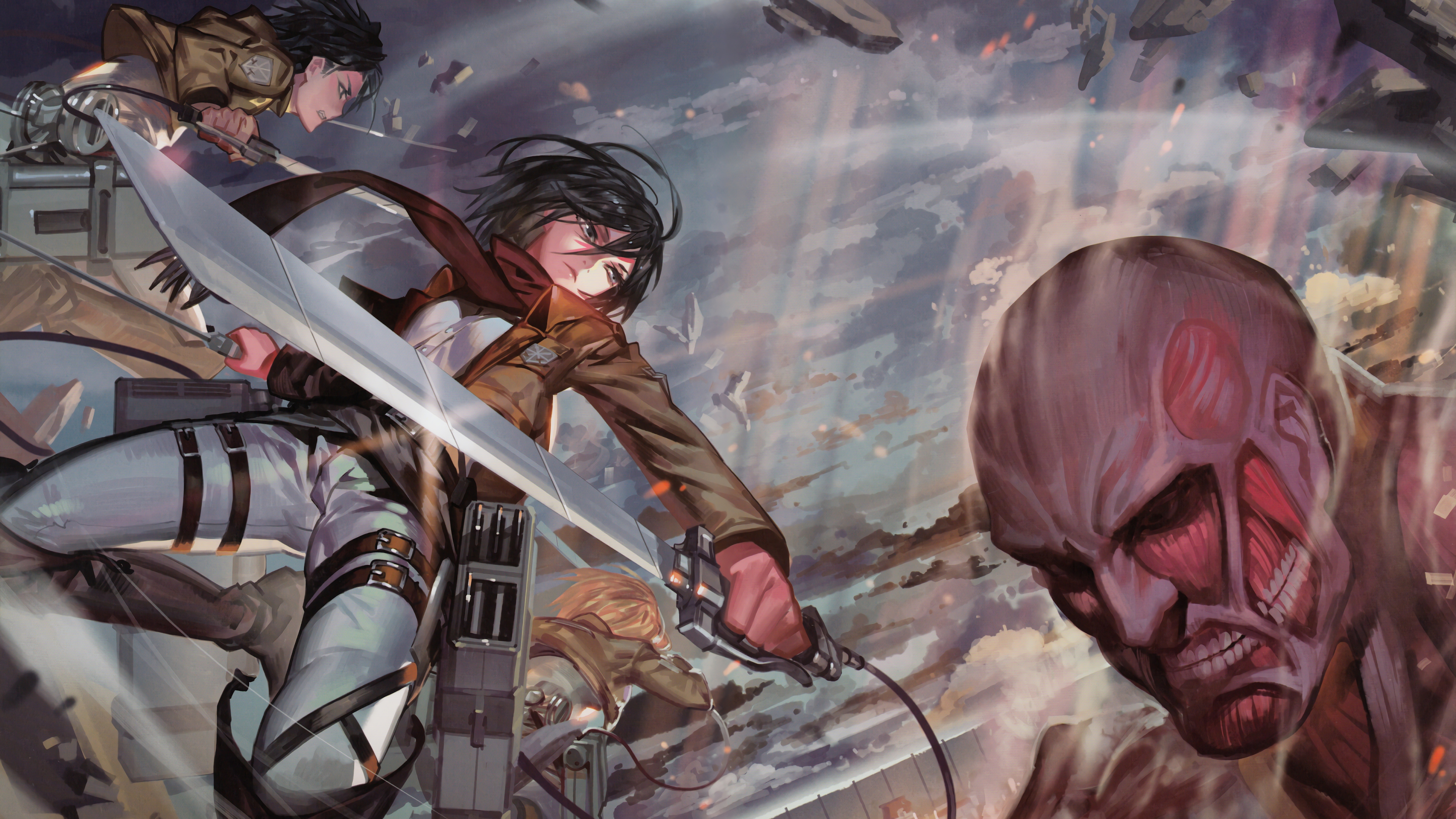 Mikasa, Levi, Colossal Titan, Attack on Titan, 8K Gallery HD Wallpaper