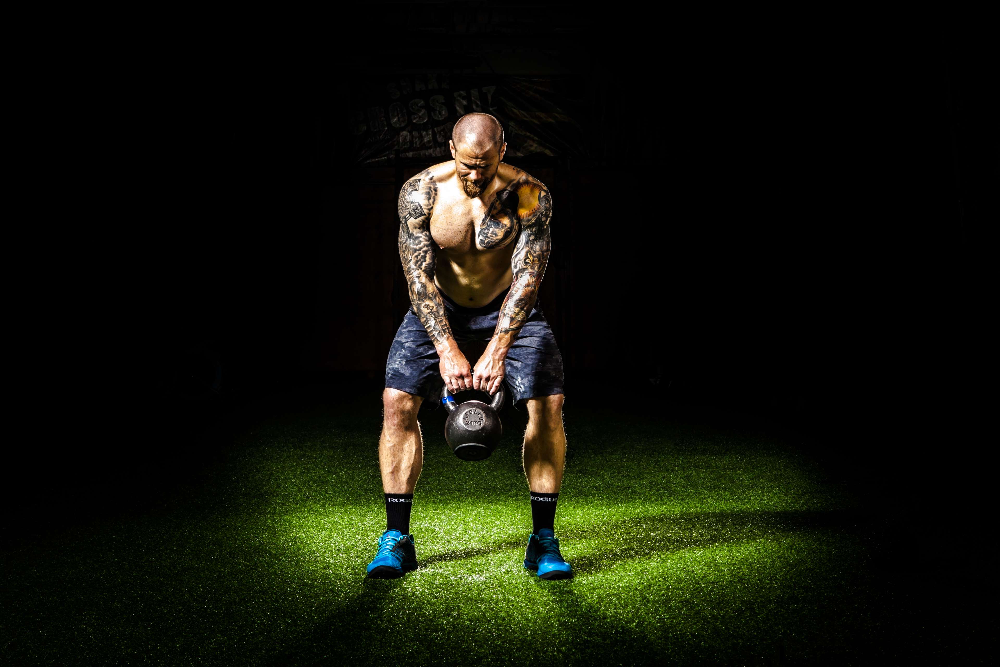 dark, effort, exercise, fitness, gym, kettlebell, man, muscles, spotlight, strong, tattoos, training, weights, public domain image 4k wallpaper