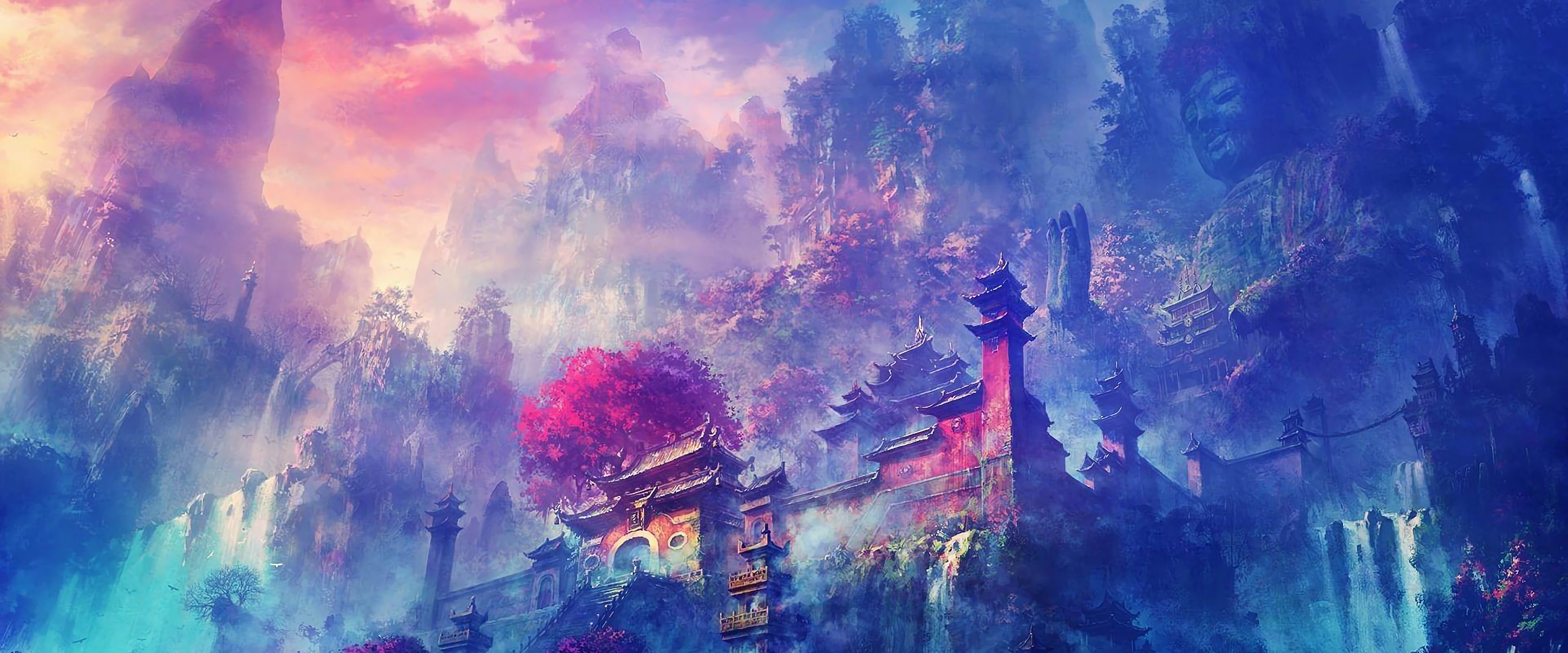 Buddha Oriental Castle Scenery Anime 4K Wallpaper