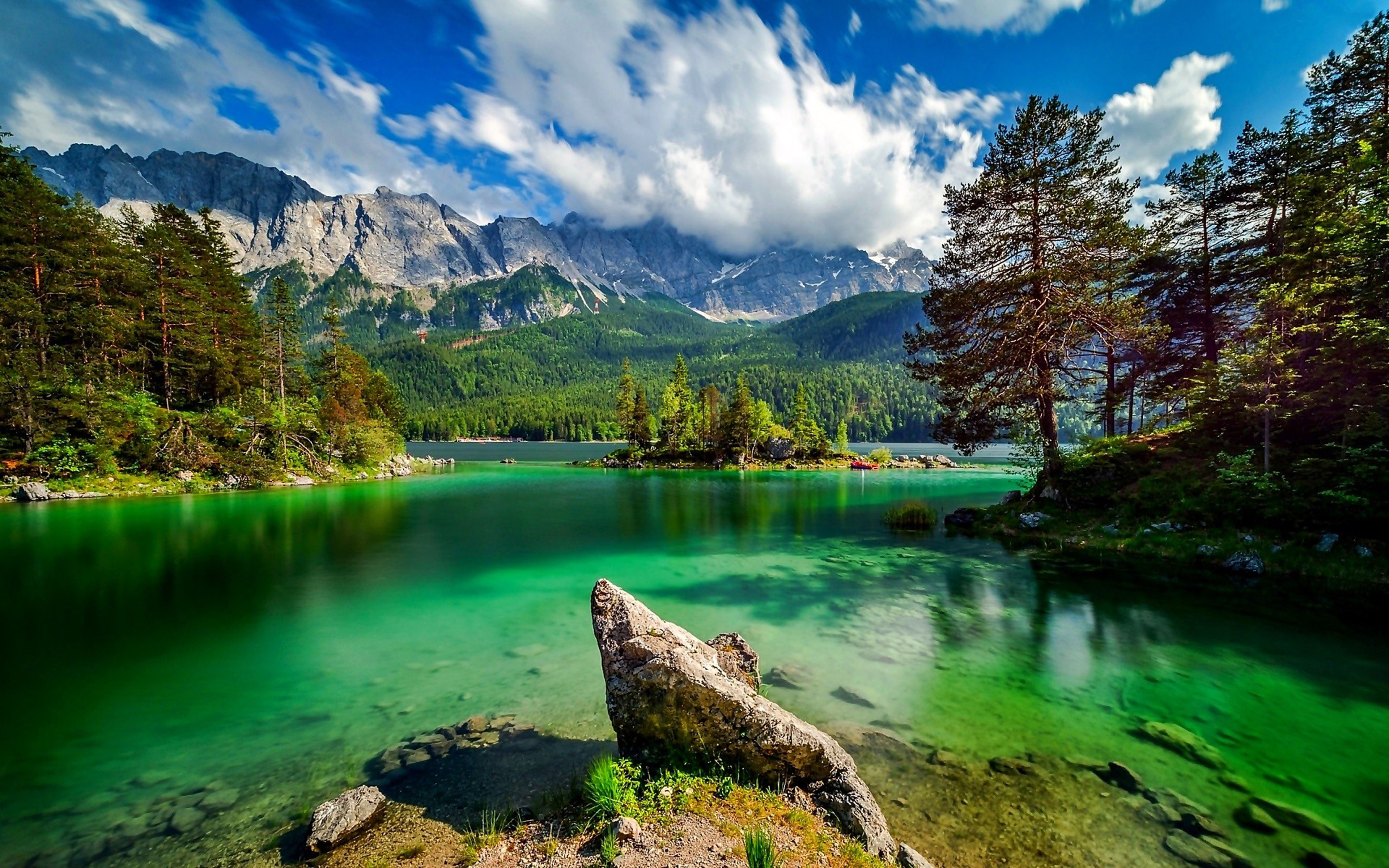 Eibsee lake in Bavaria Ggermany Lake with turquoise green water rock island rocky mountains pine forest sky with white clouds summer HD wallpaper 3840x2400, Wallpaper13.com