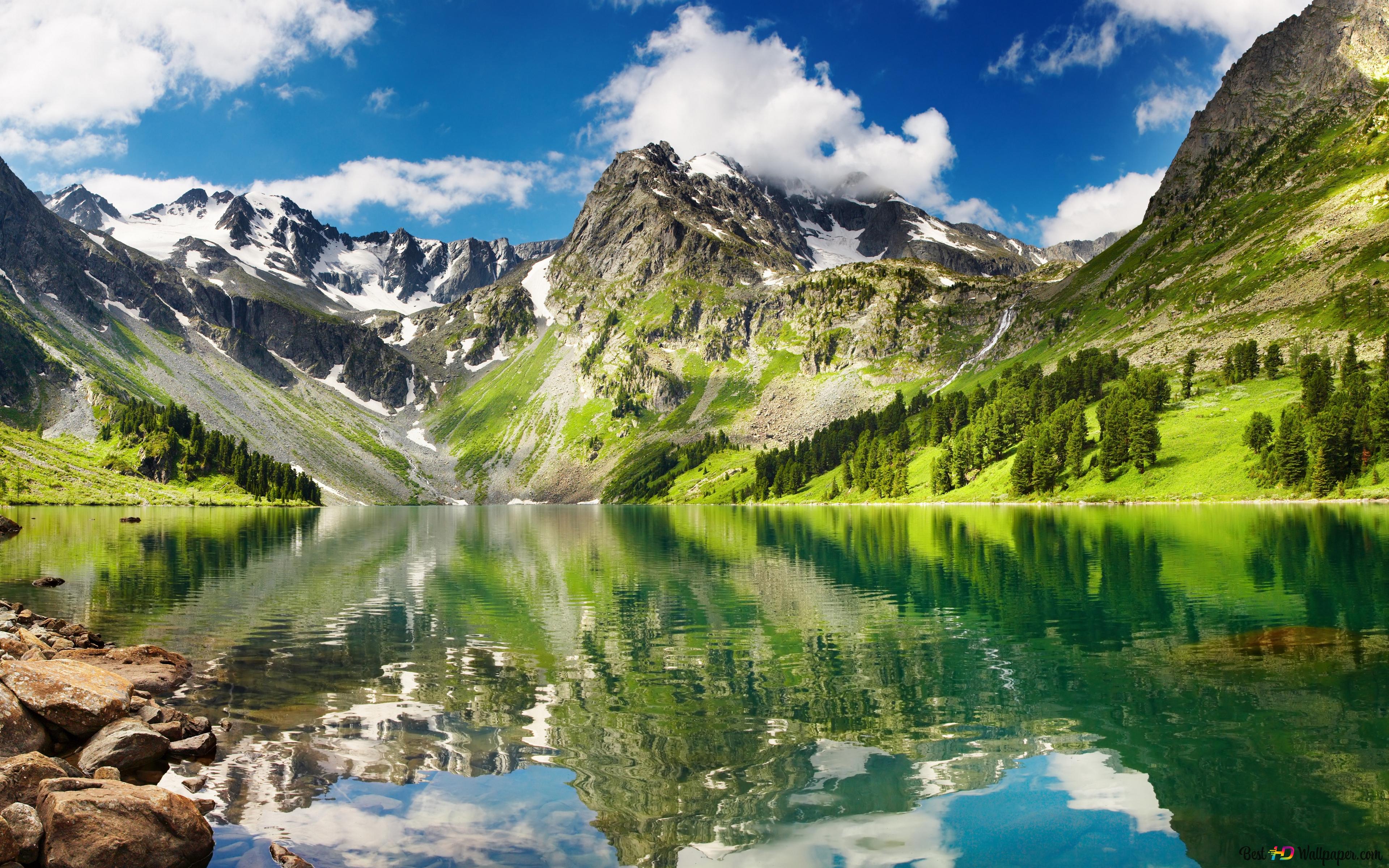 View of a lake and mountains from nature 4K wallpaper download