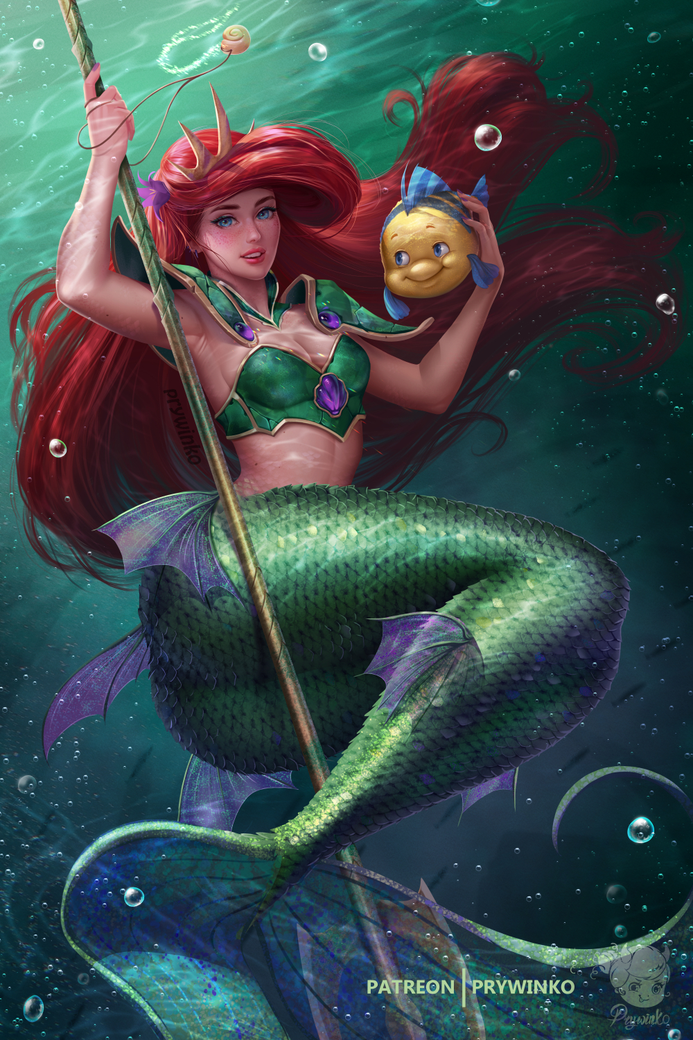 Wallpaper, The Little Mermaid, Ariel Disney, vertical, mermaids, prywinko, underwater, bubbles, redhead, blue eyes, freckles, Trident, Disney princesses 1000x1500
