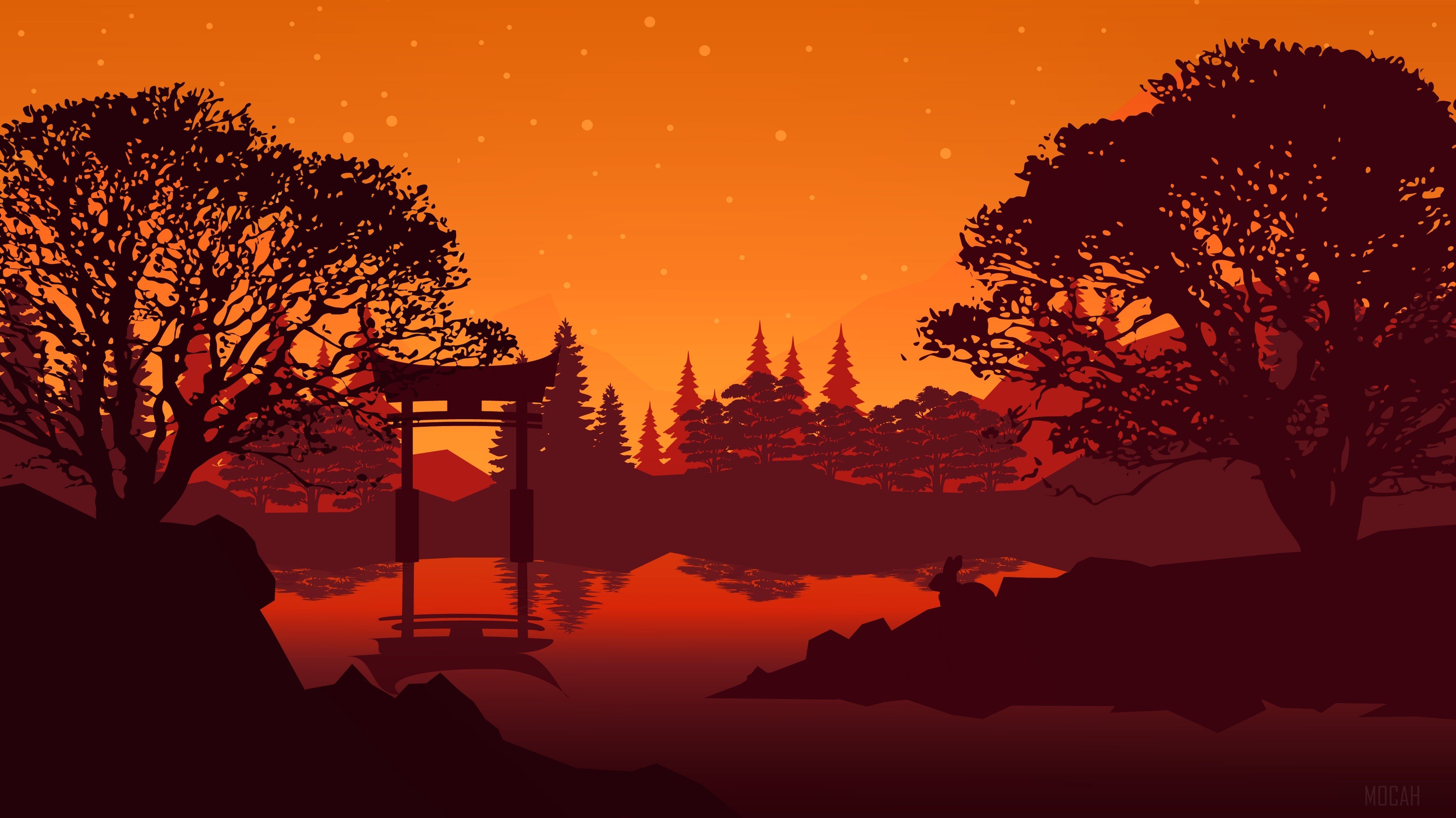 torii, landscape, lake, trees, art 4k Gallery HD Wallpaper