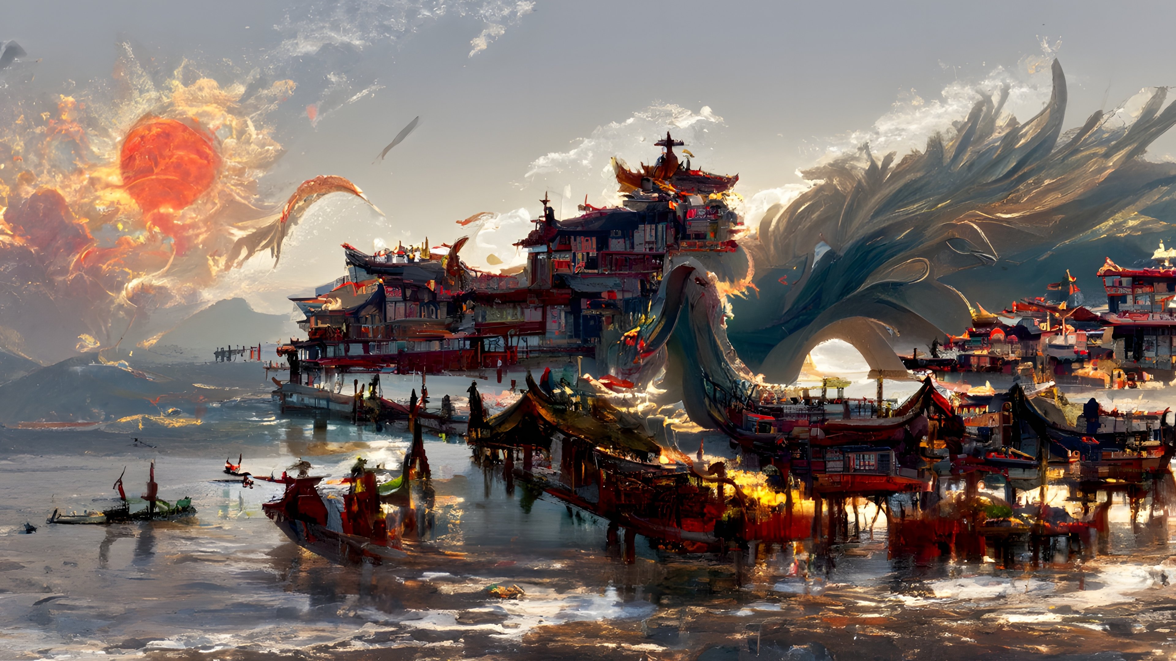 Download wallpaper 3840x2160 china's ancient town, dragon, fantasy, art 4k wallpaper, uhd wallpaper, 16:9 widescreen 3840x2160 HD background, 27877