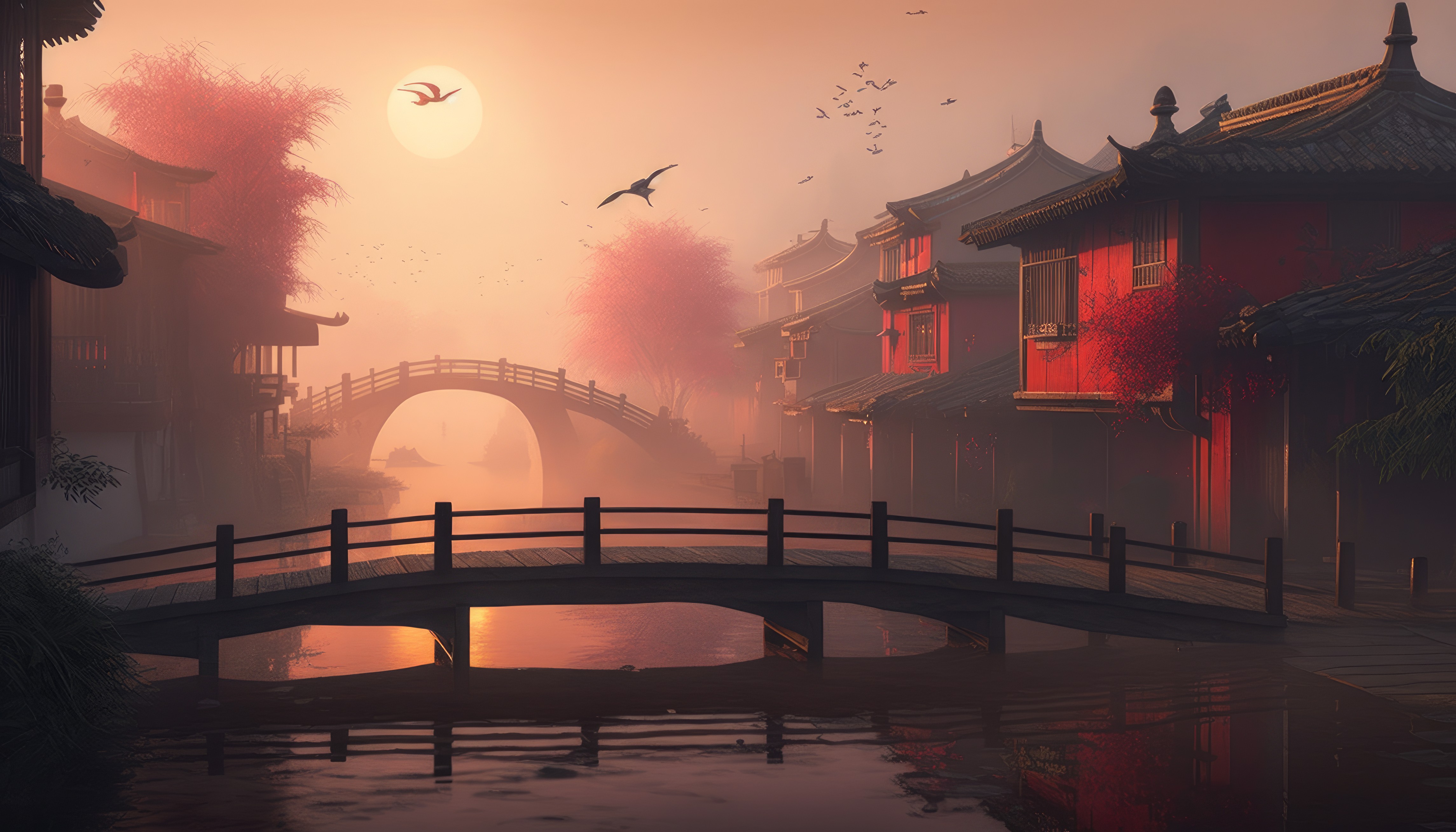 Wallpaper, ai art, illustration, bridge, China, village 4579x2616