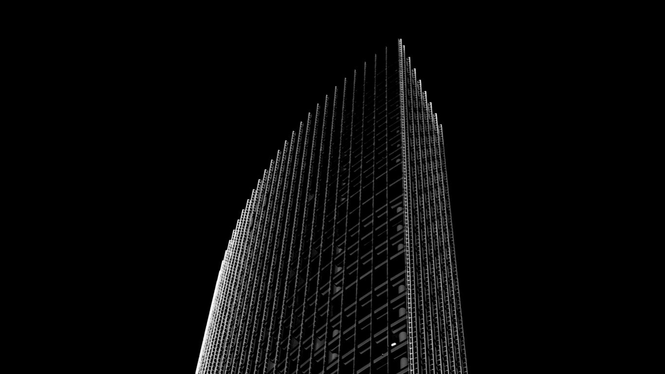 Download wallpaper 1366x768 skyscraper, building, black and white, minimalism, architecture, facade tablet, laptop HD background