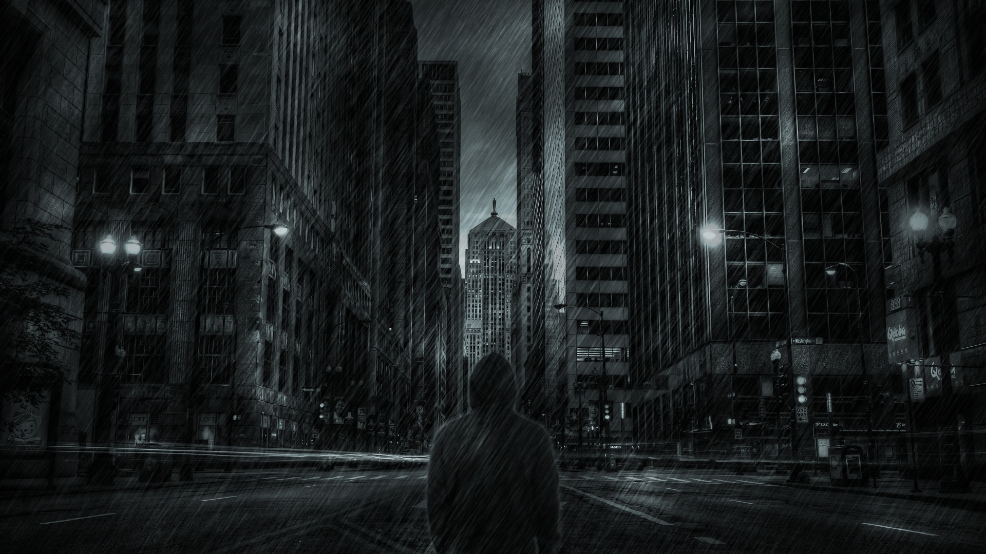 1920x1080 buildings, dark, hoodie, mood, rain, skyscrapers, storm Gallery HD Wallpaper