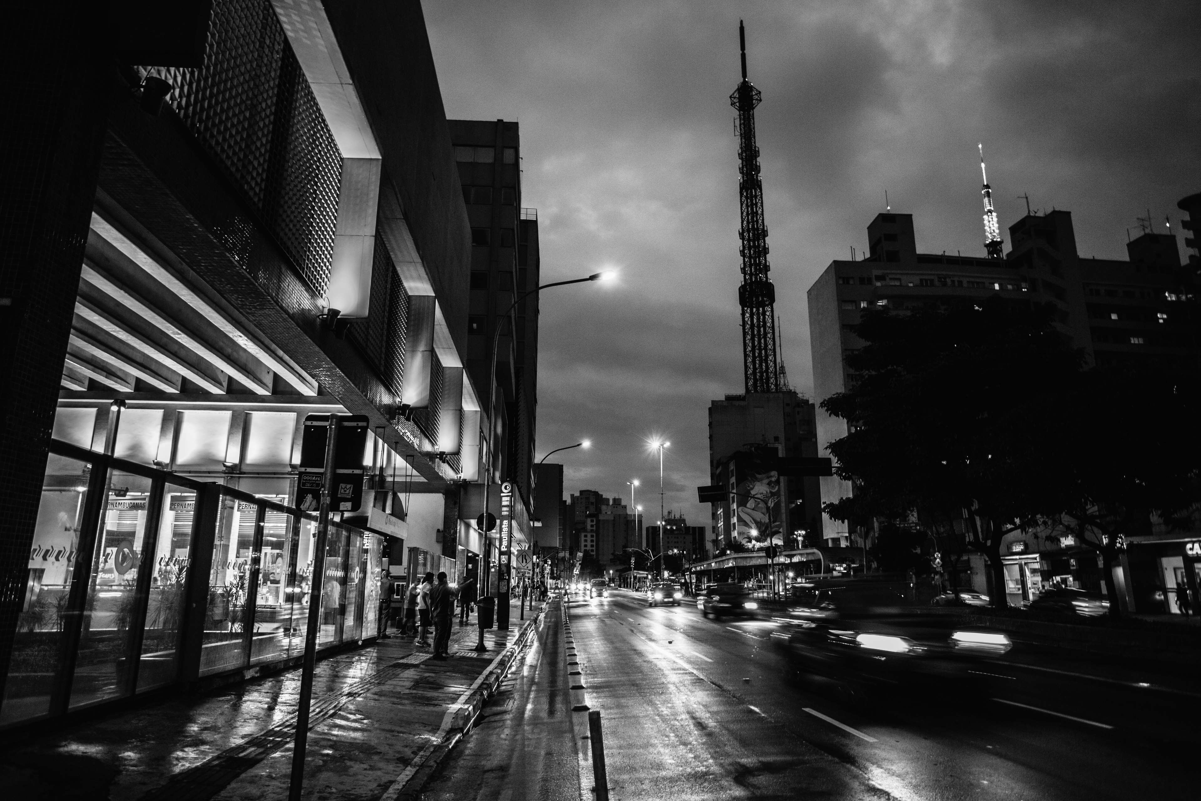 black and white, buildings, city, contrast, dark, dramatic, lights, night, street, tower 4k Gallery HD Wallpaper