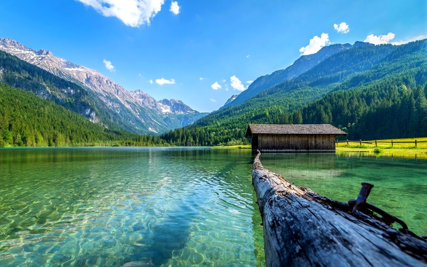 lake nature boathouses mountain landscape log summer forest daylight water austria Gallery HD Wallpaper