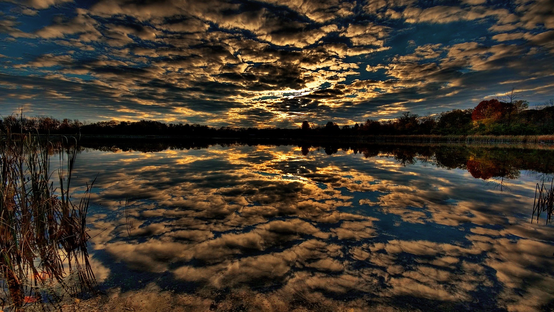 Wallpaper, 1920x1080 px, clouds, HDR, lake, landscape, nature, reflection, summer, sunset, trees, water 1920x1080