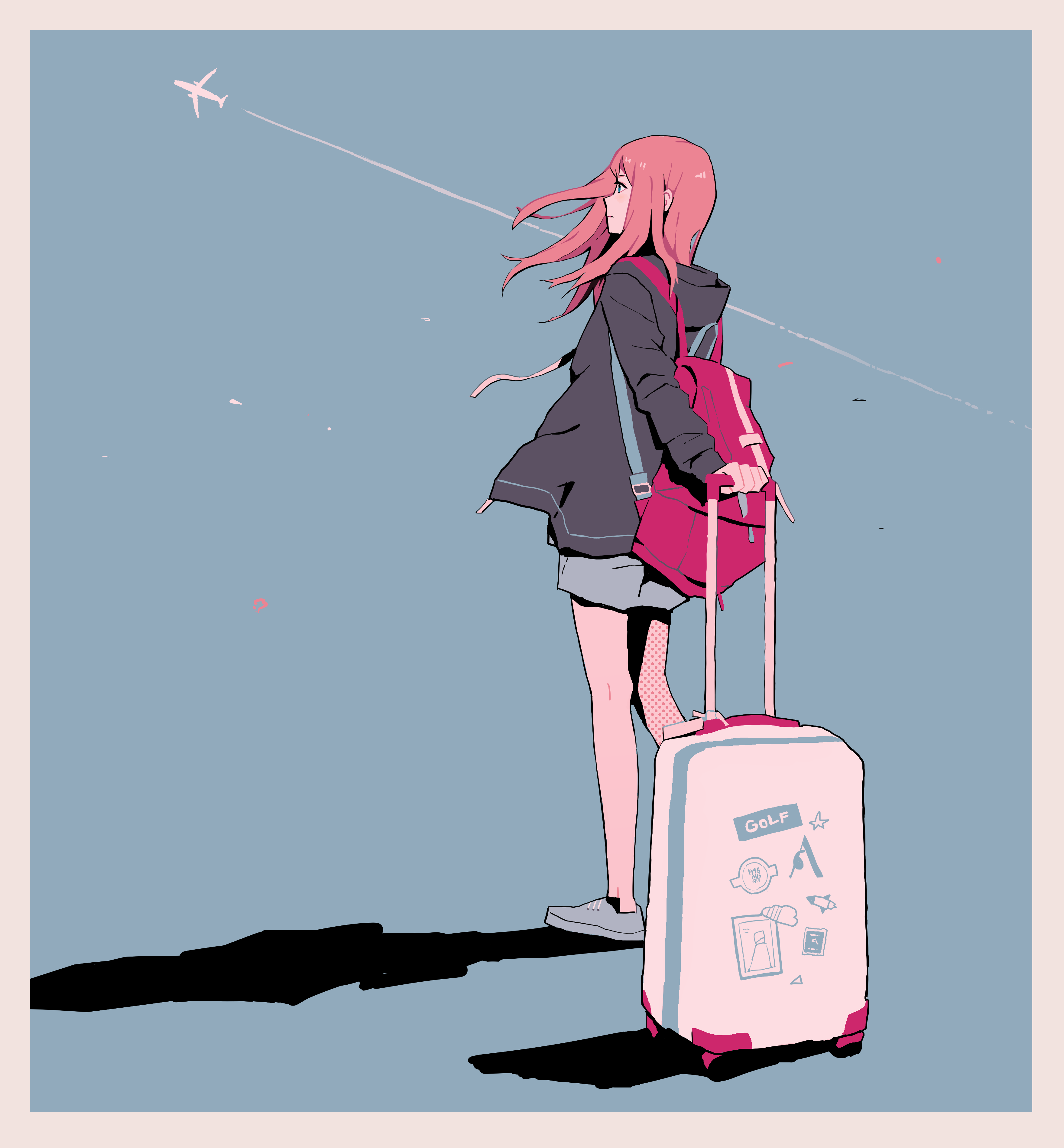 anime girl, traveller, suitcase, pink hair, anime, aircraft, standing wallpaper HD free download, 2782x3000 Gallery HD Wallpaper