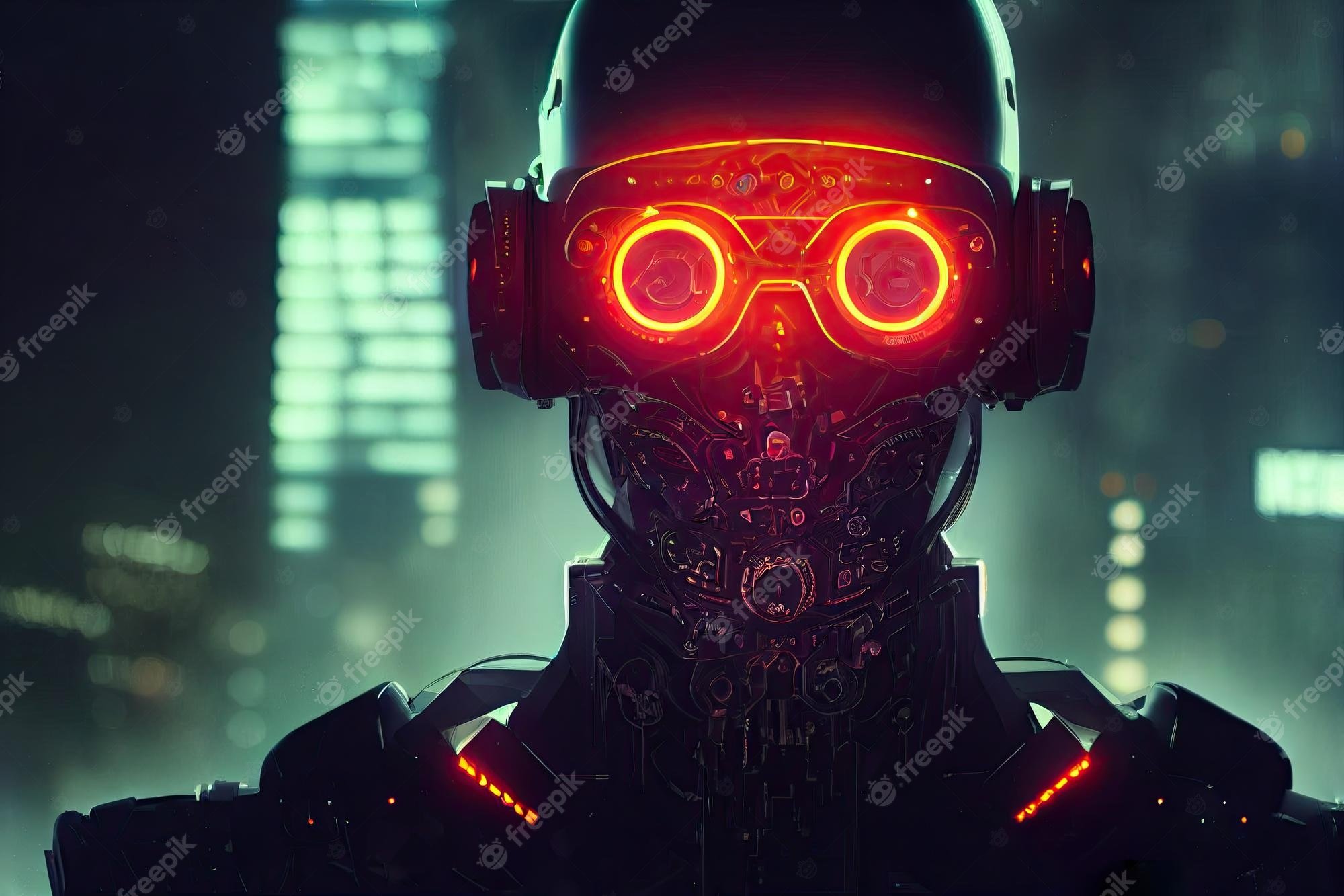 Premium Photo. A cyberpunk robot with glowing red eyes in a night metropolis glowing skyscrapers on the background