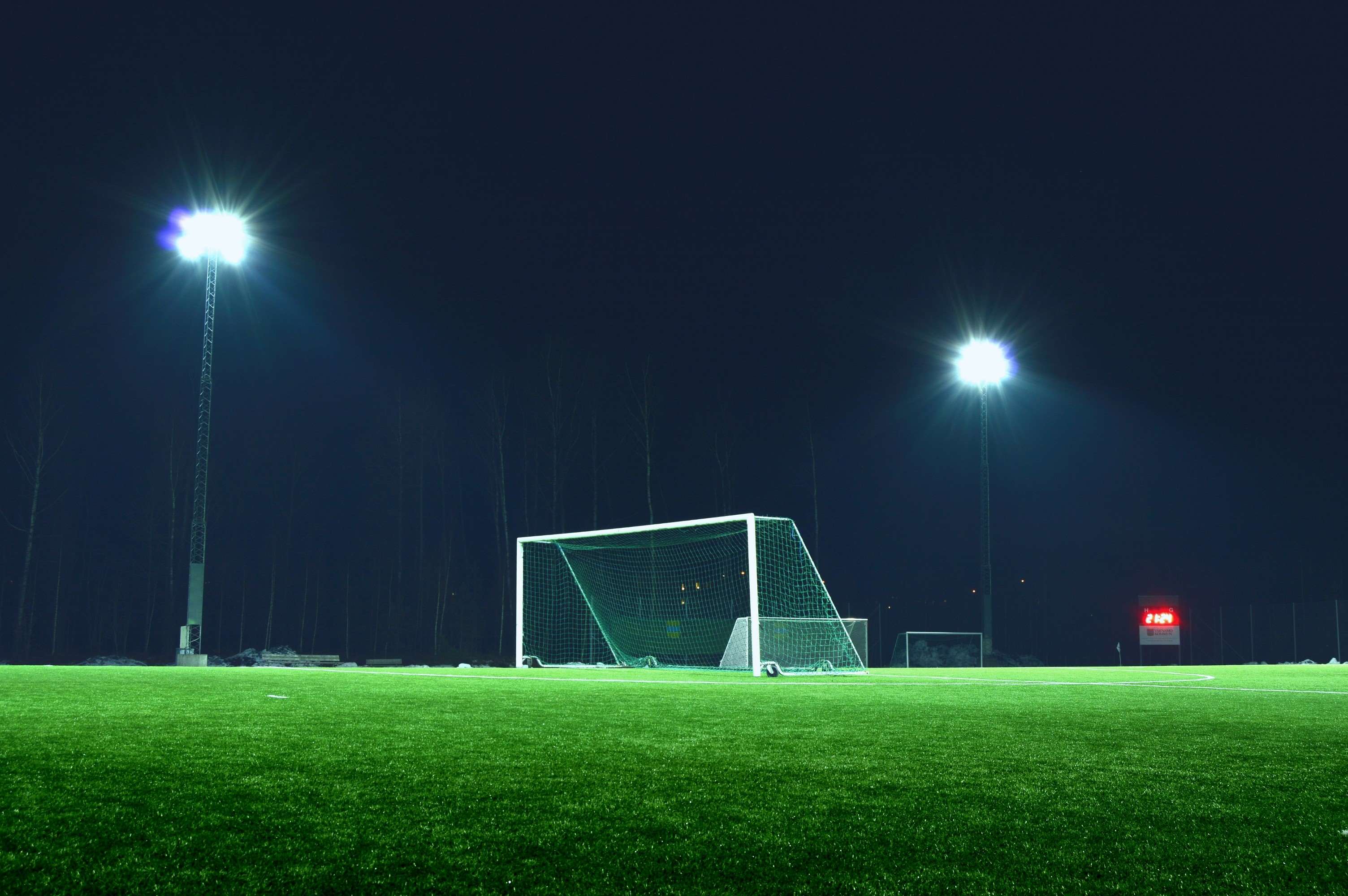 evening, field, football, goal, grass, green, light, lights, night, outdoors, outside, sweden Gallery HD Wallpaper