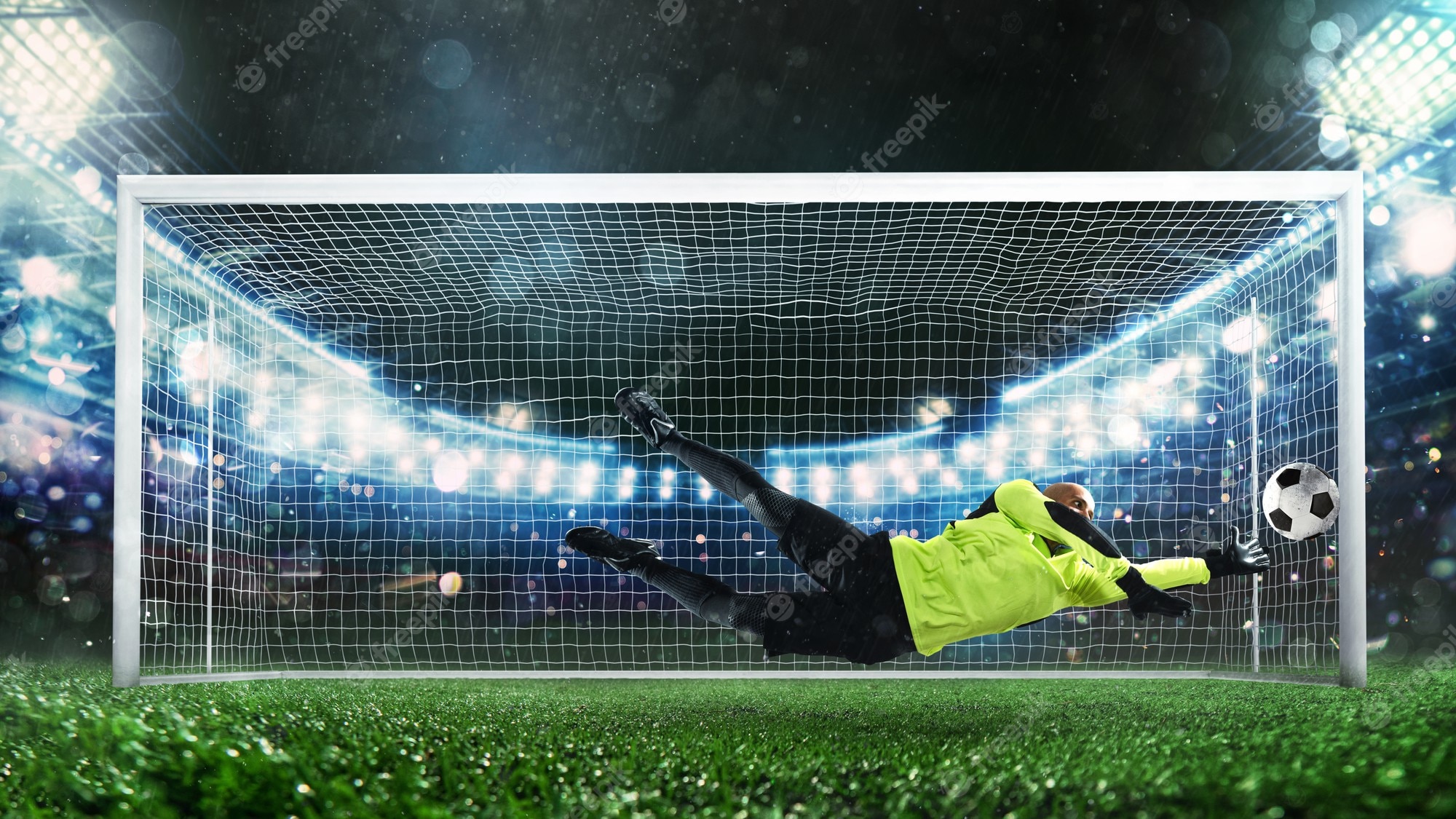 Premium Photo. Soccer goalkeeper in fluorescent uniform that makes a great save and avoids a goal during a match at