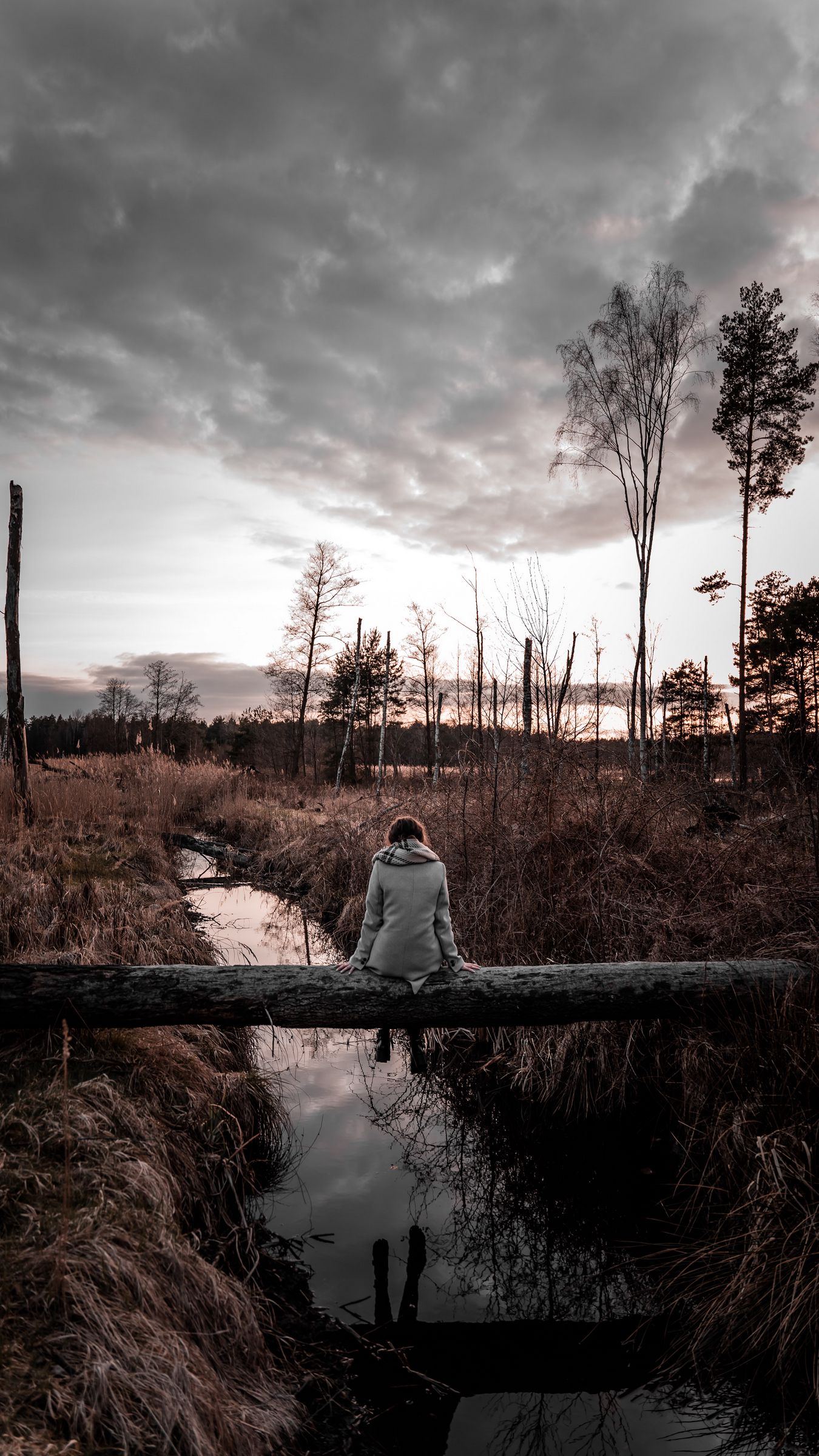 Download wallpaper 1350x2400 human, alone, sad, log, stream, nature iphone 8+/7+/6s+/for parallax HD background